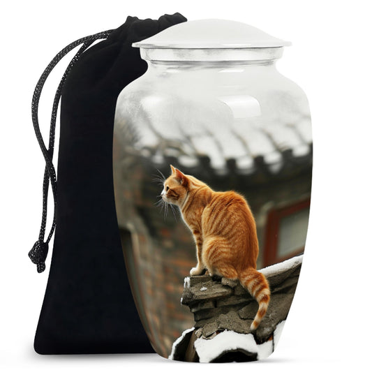 10-inch orange cat memorial urn in classic design.