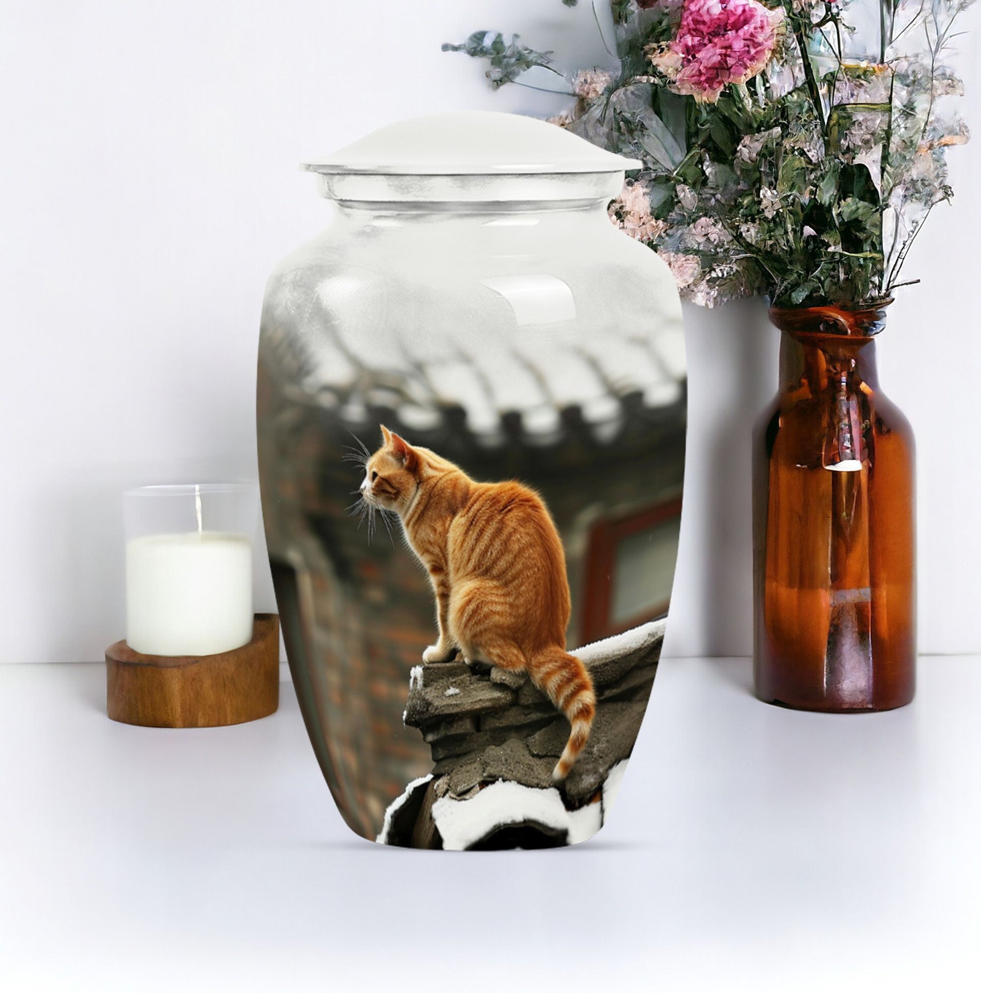 10-inch orange cat memorial urn in classic design.