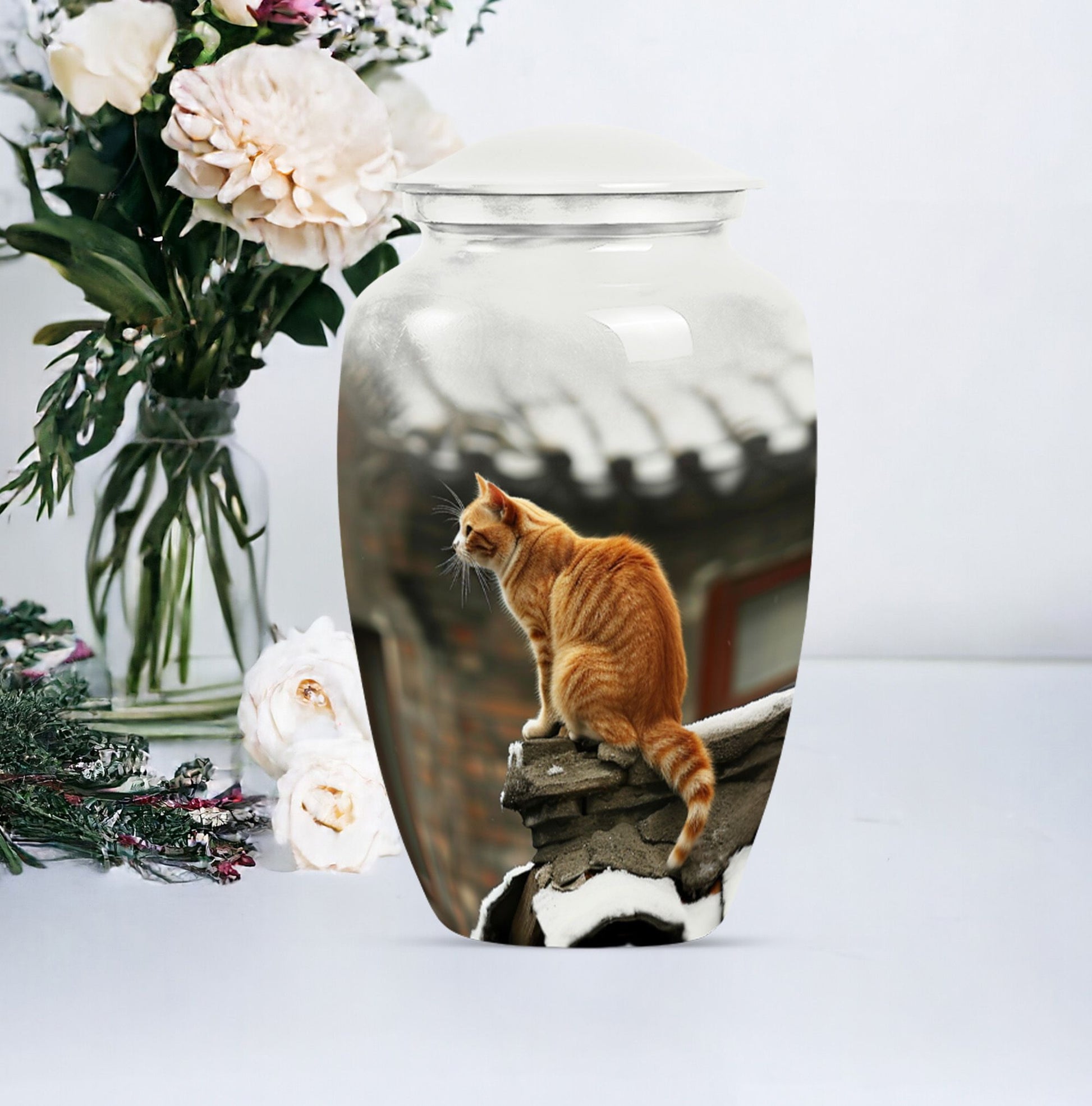 10-inch orange cat memorial urn in classic design.