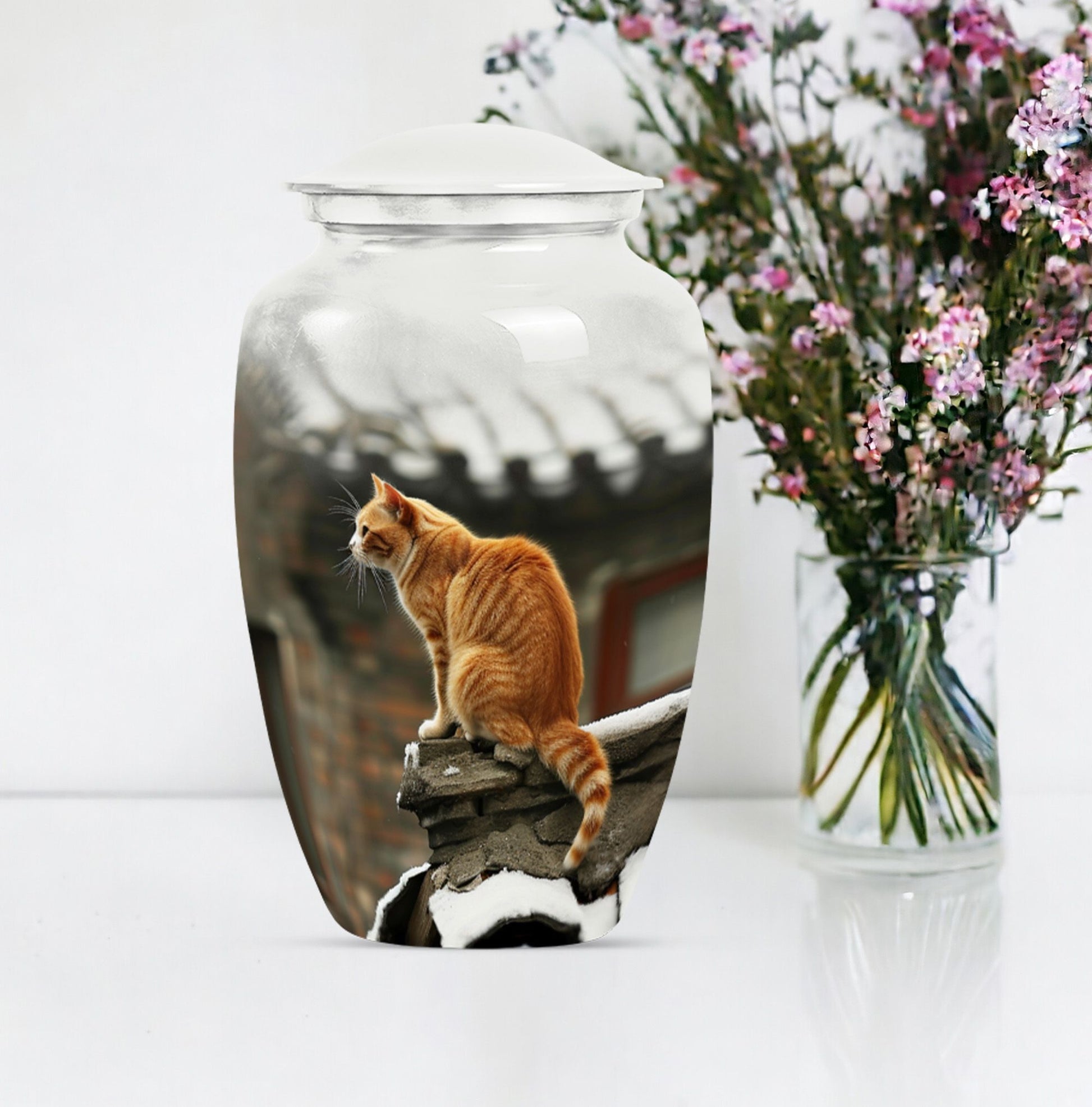 10-inch orange cat memorial urn in classic design.