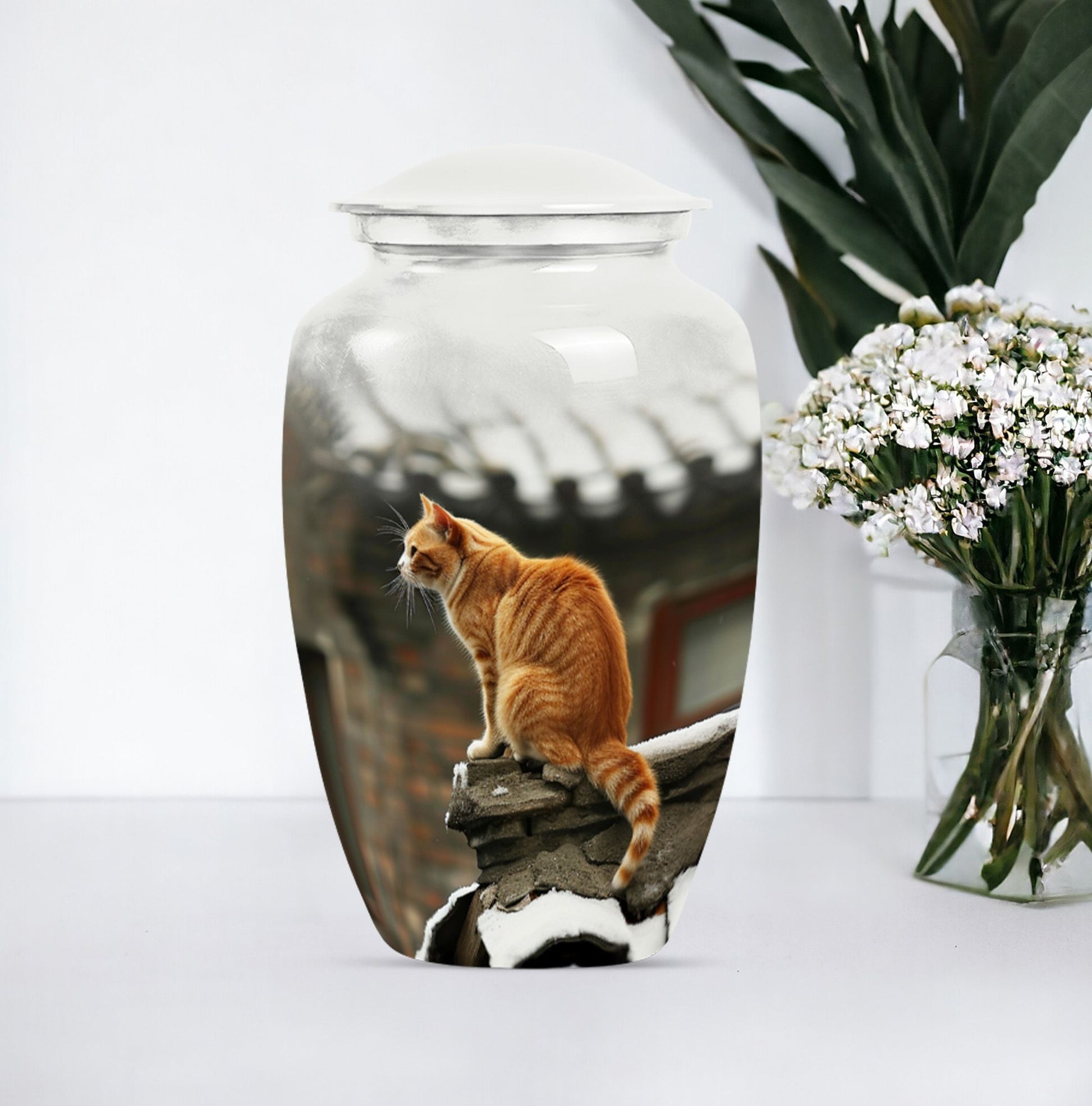 10-inch orange cat memorial urn in classic design.