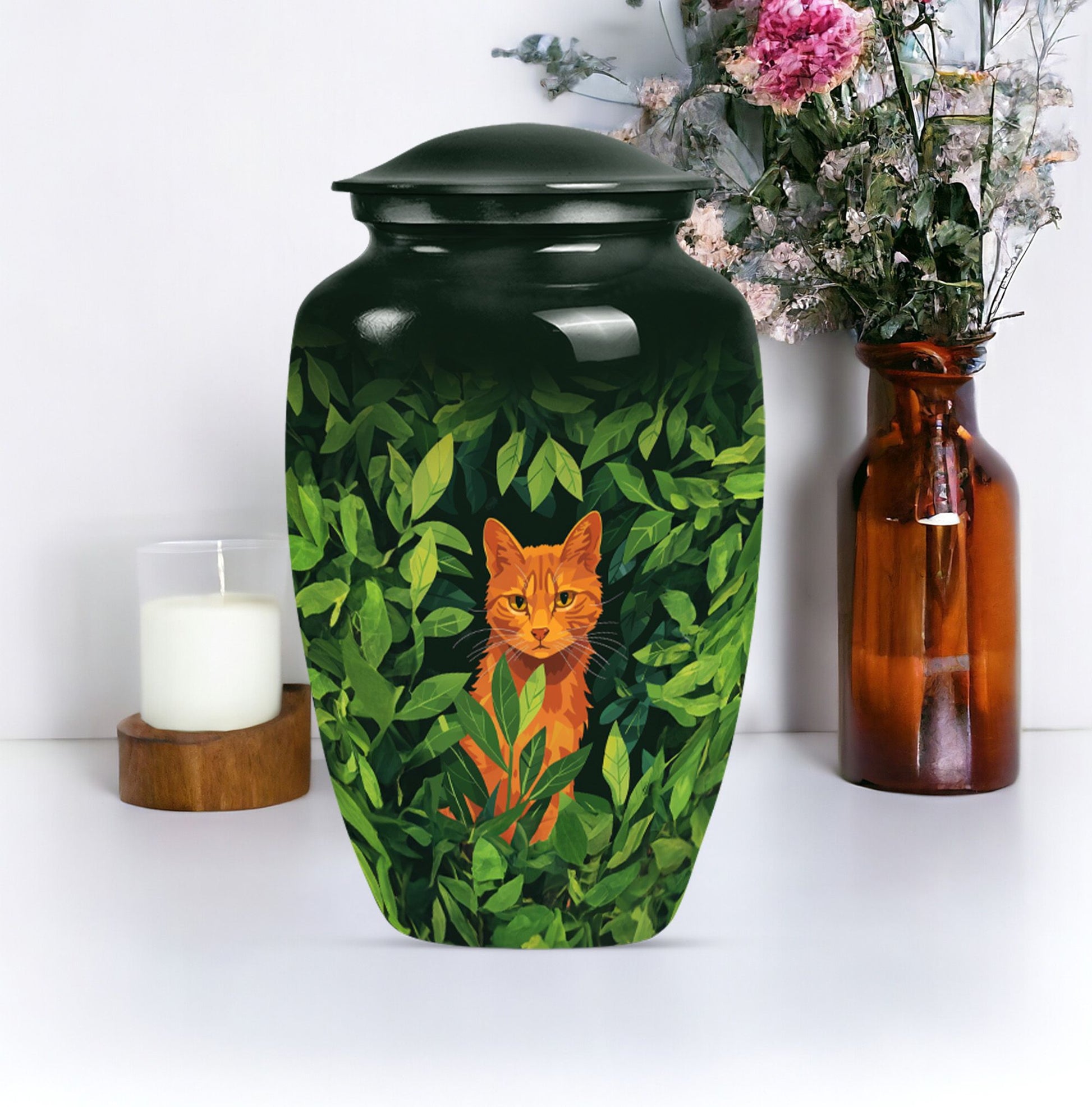 10-inch orange cat urn.