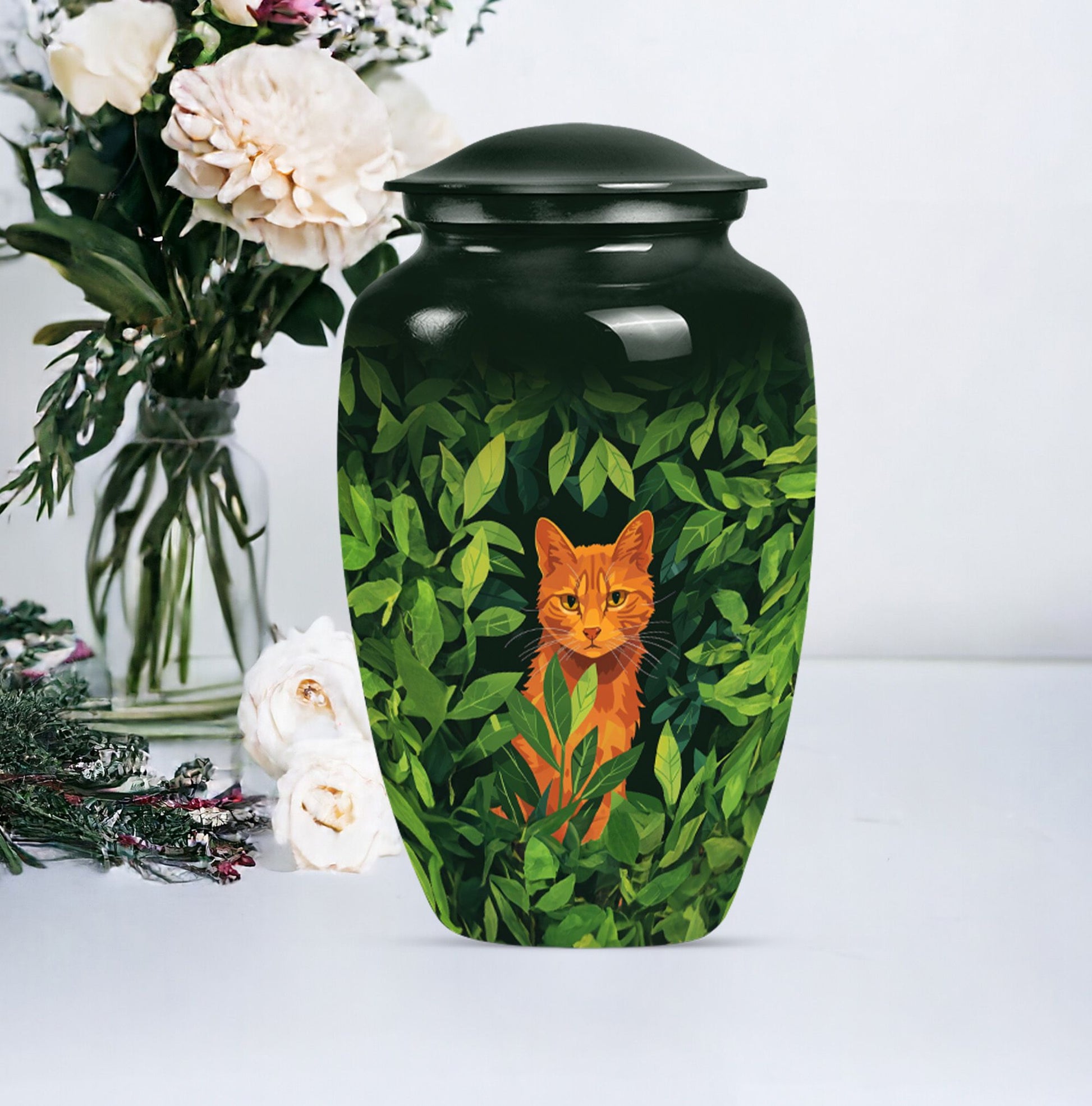 10-inch orange cat urn.