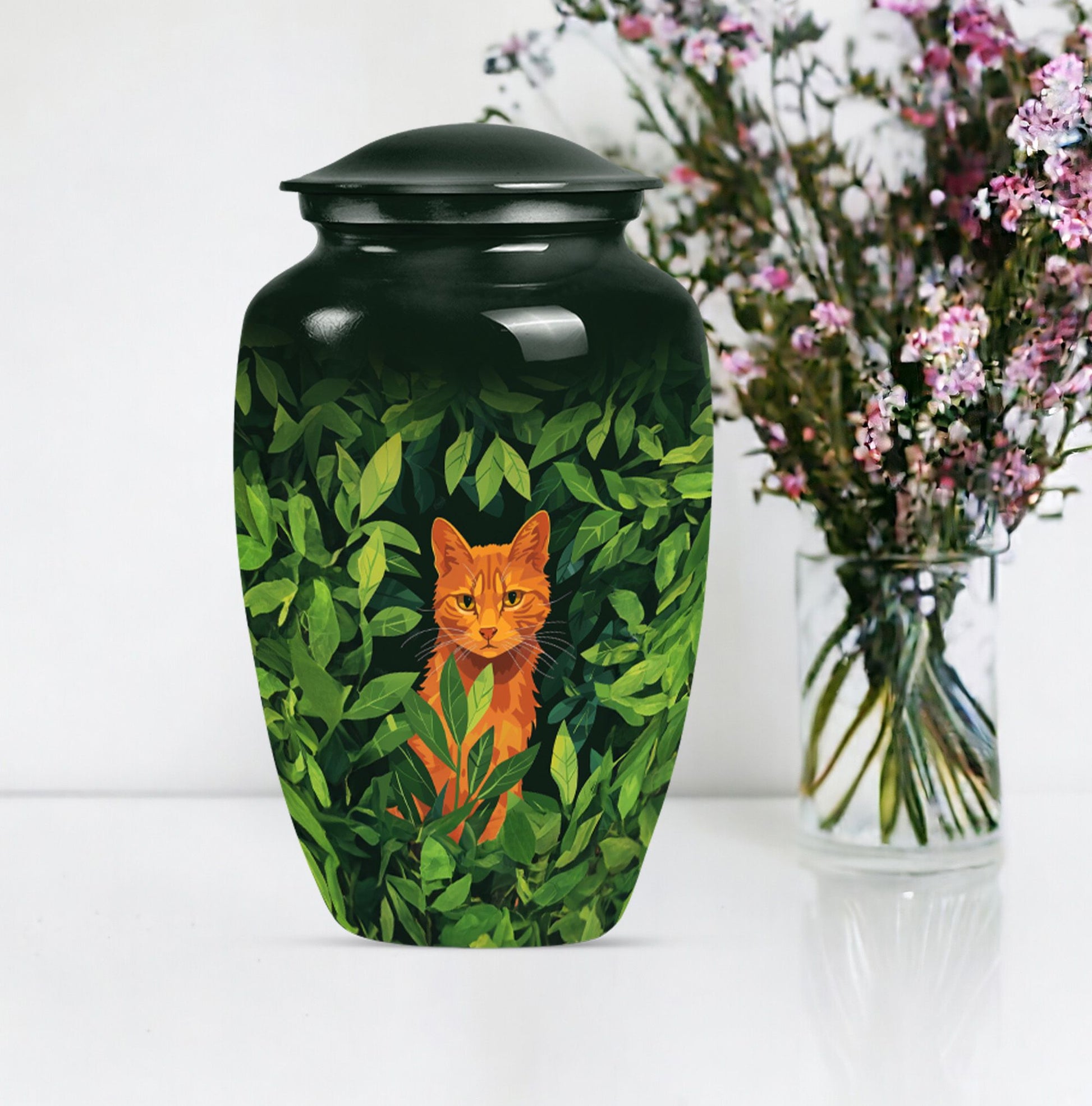 10-inch orange cat urn.