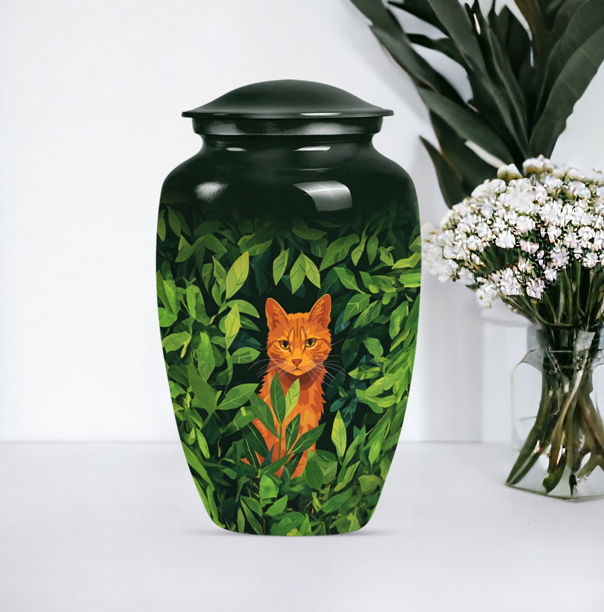 10-inch orange cat urn.