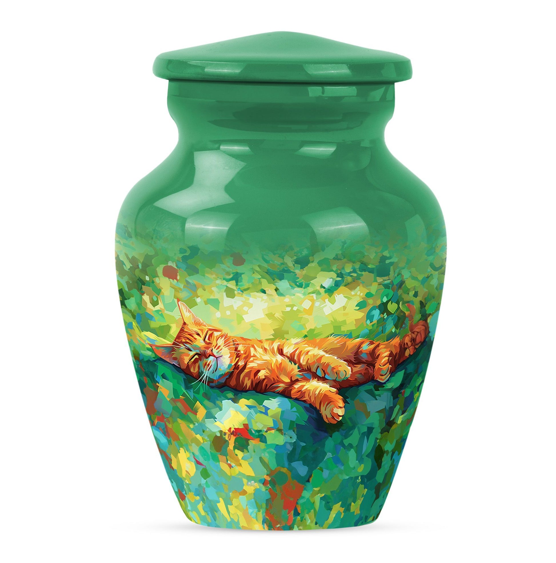 Classic 10-inch orange cat cremation urn.