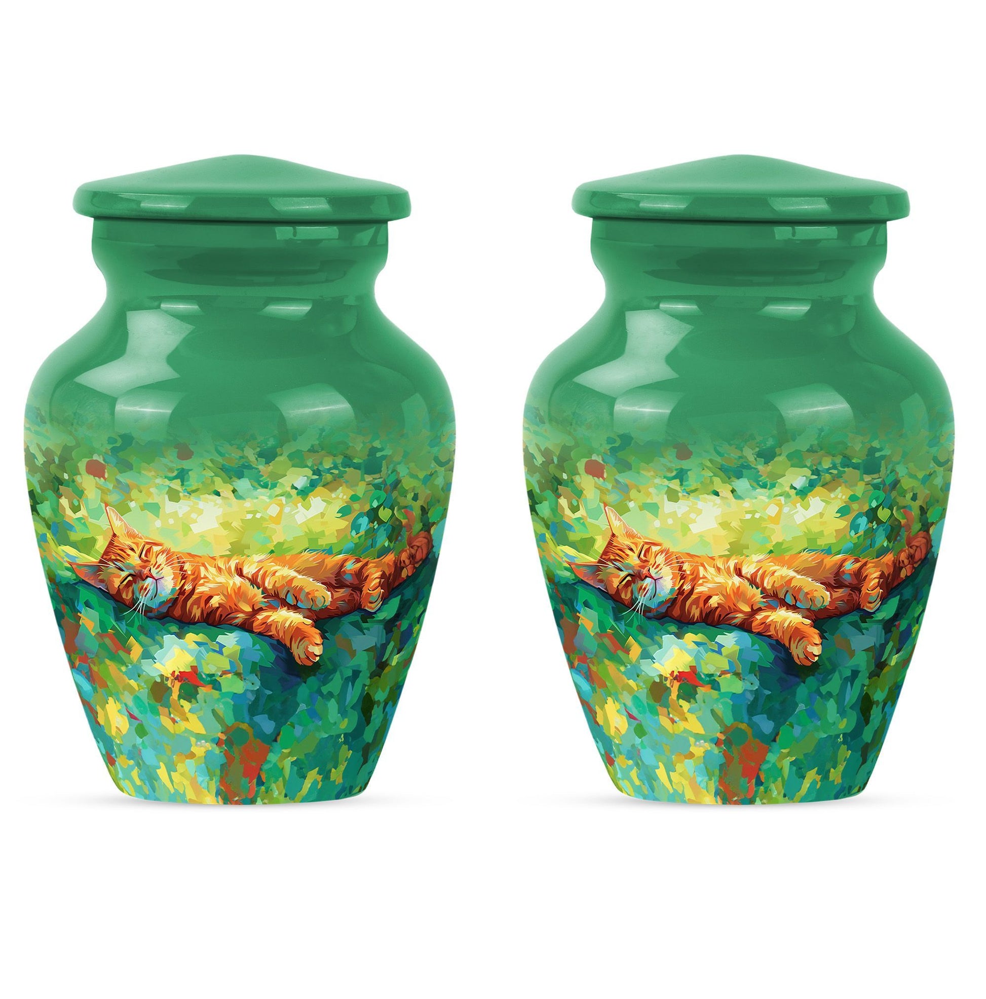 Classic 10-inch orange cat cremation urn.