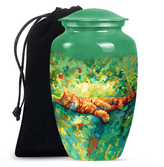 Classic 10-inch orange cat cremation urn.