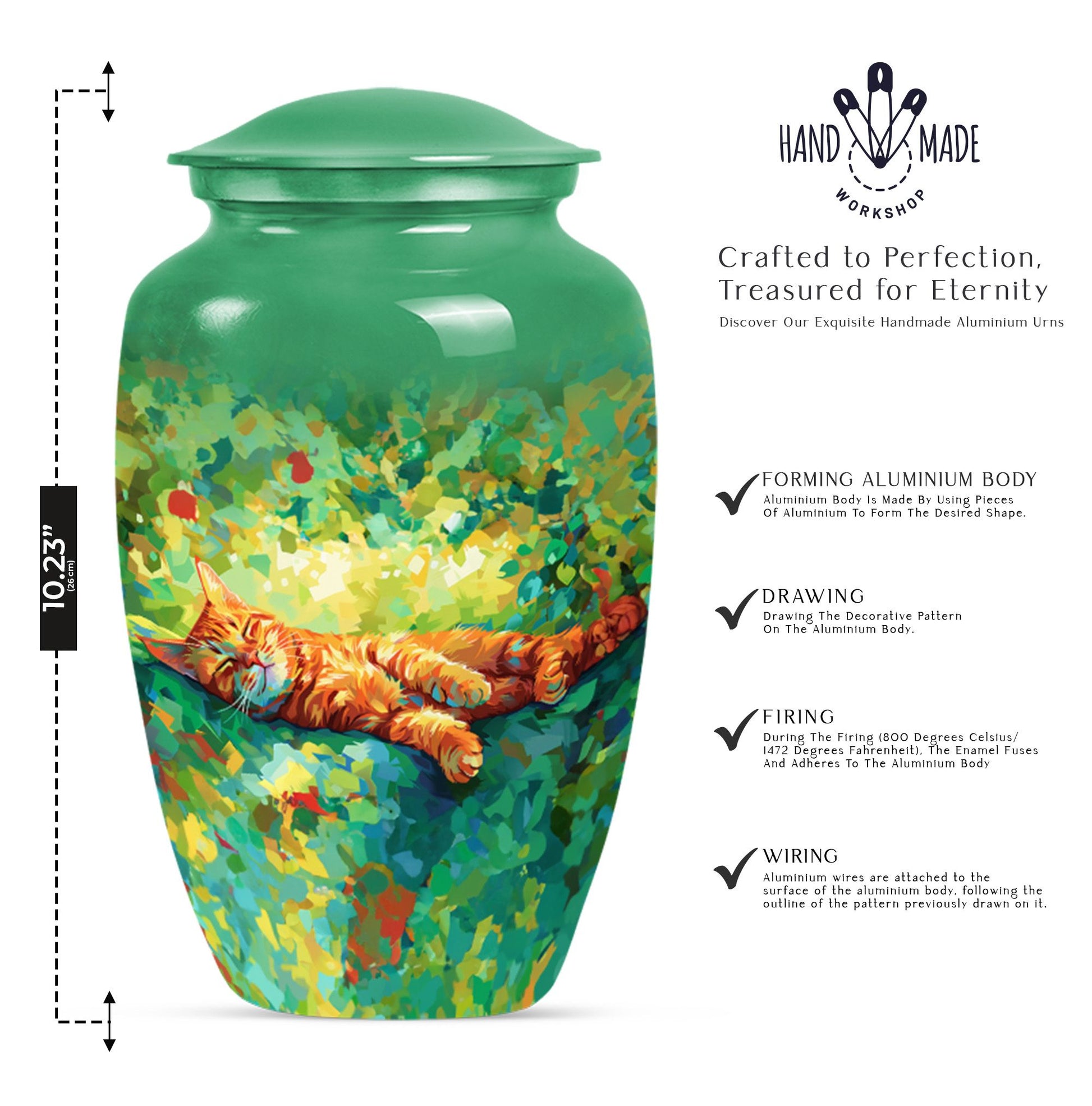 Classic 10-inch orange cat cremation urn.