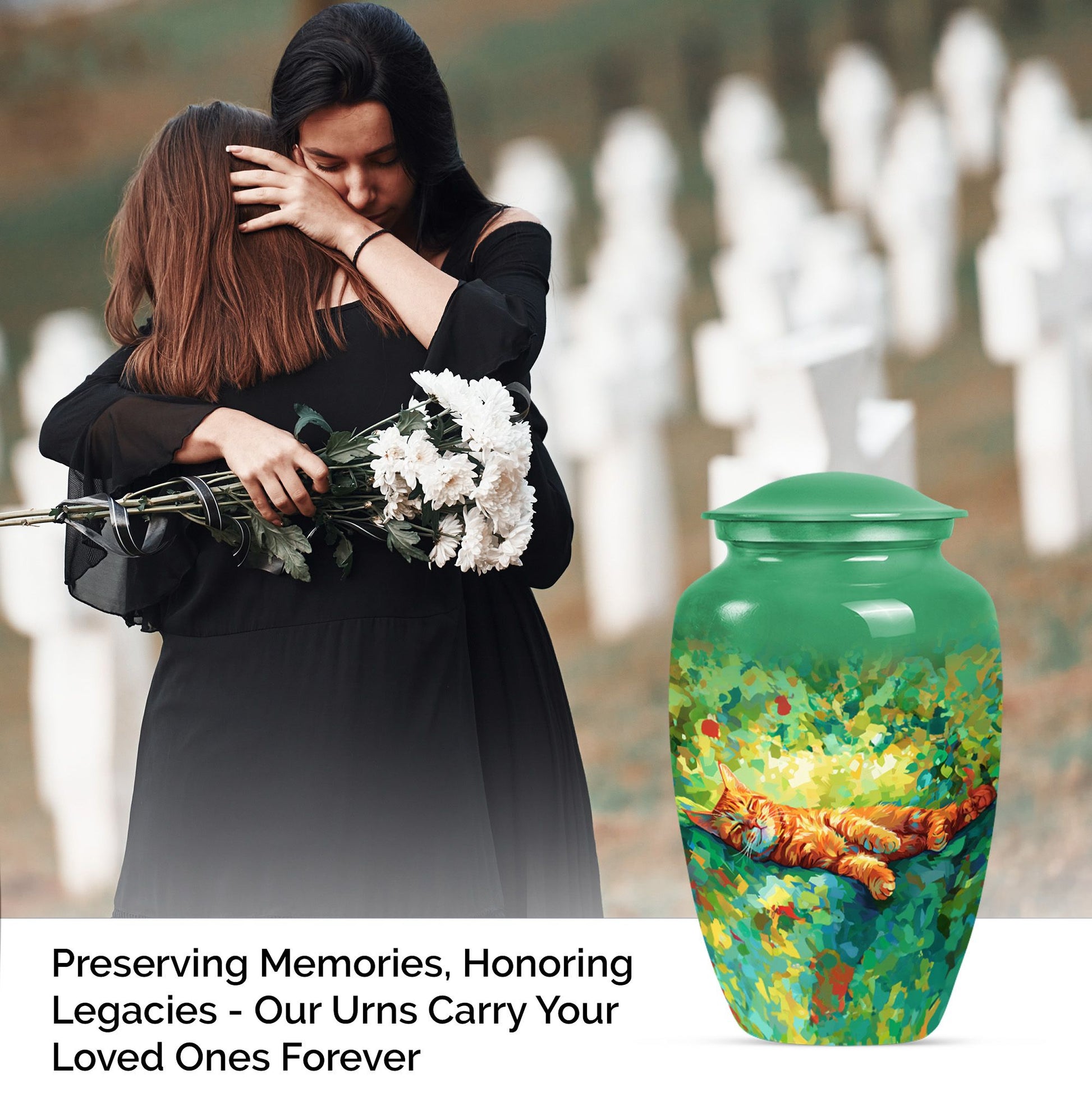 Classic 10-inch orange cat cremation urn.