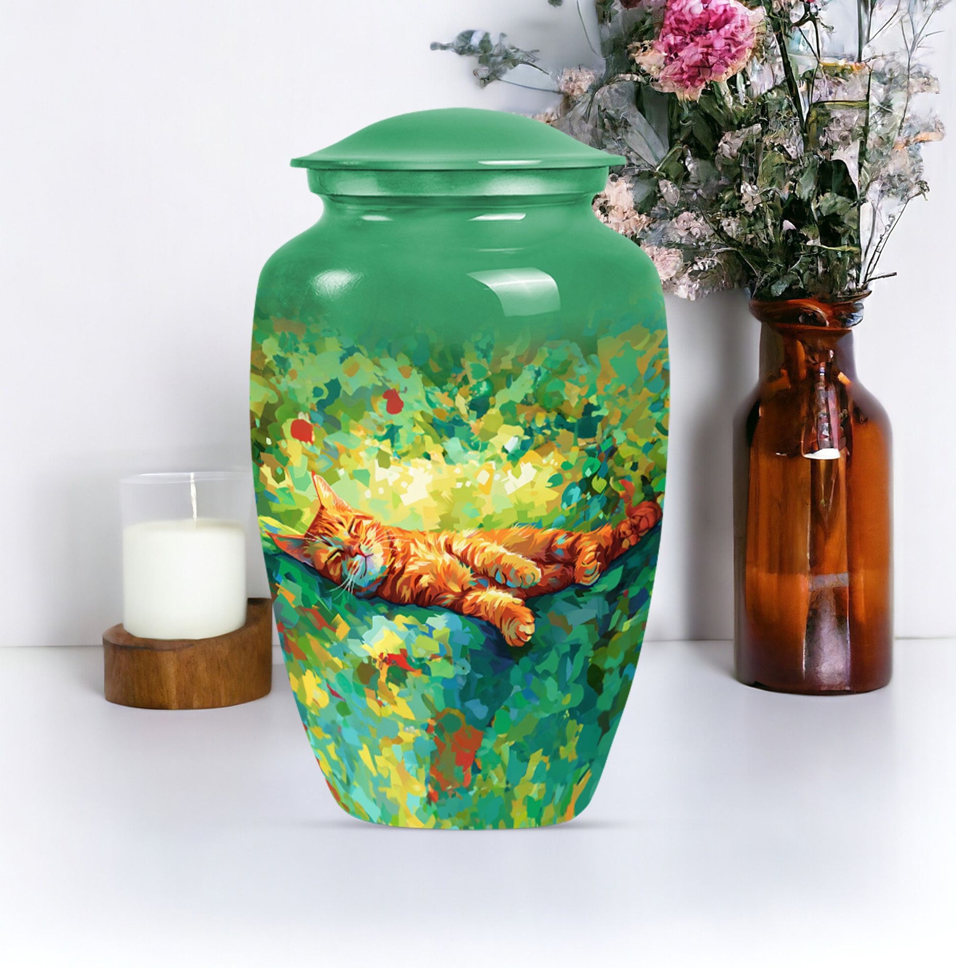 Classic 10-inch orange cat cremation urn.