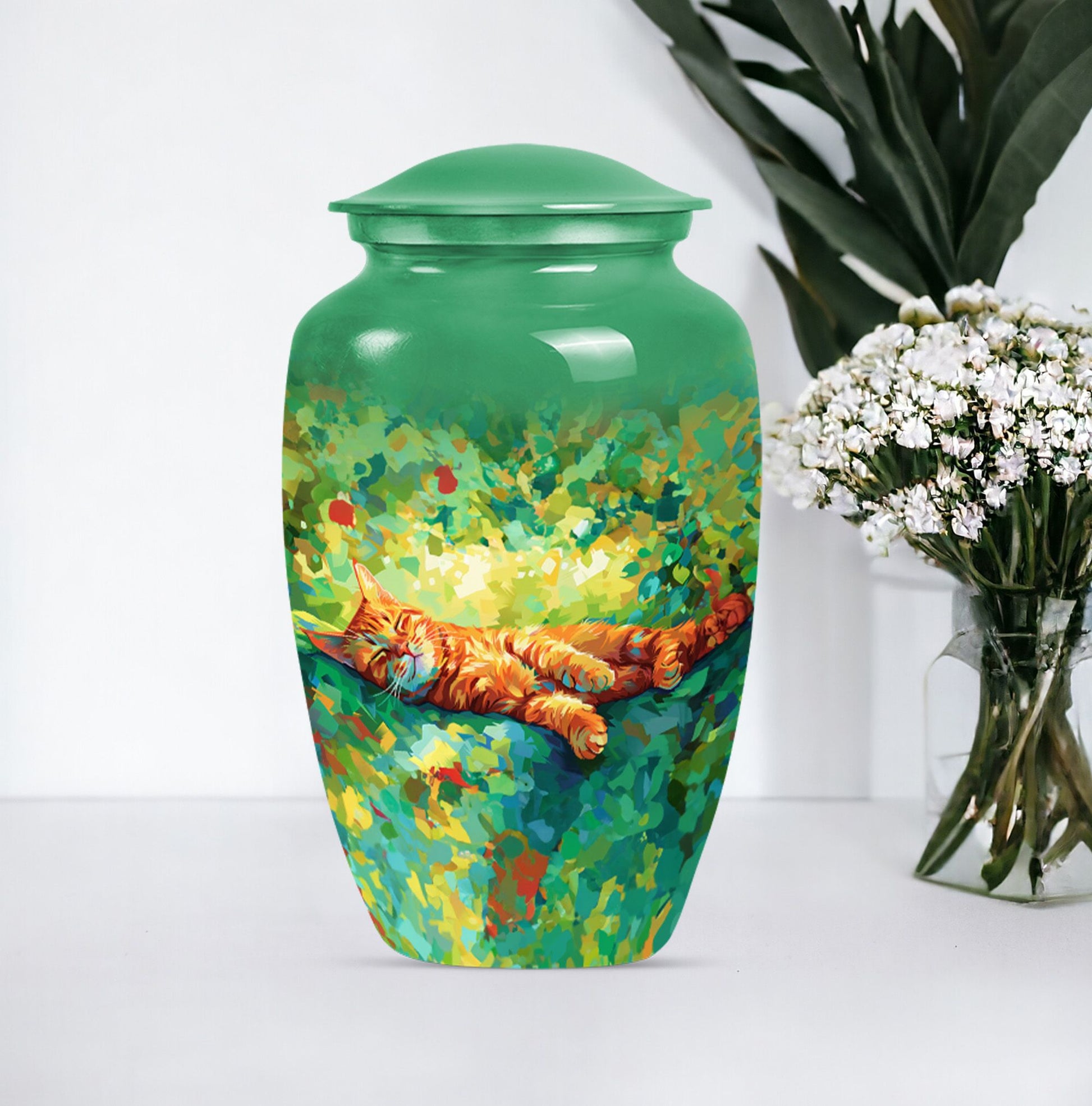 Classic 10-inch orange cat cremation urn.