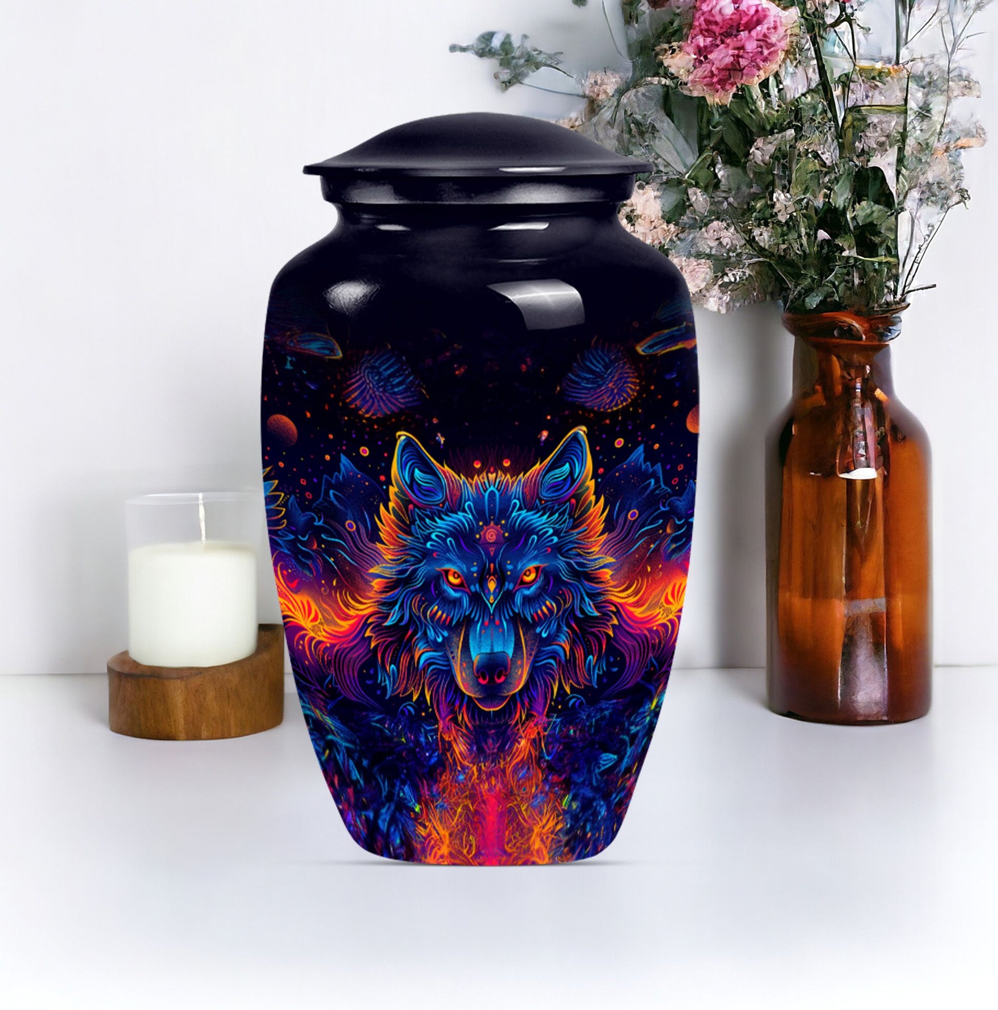 10-inch aluminium classic wolf urn for men's cremation ashes