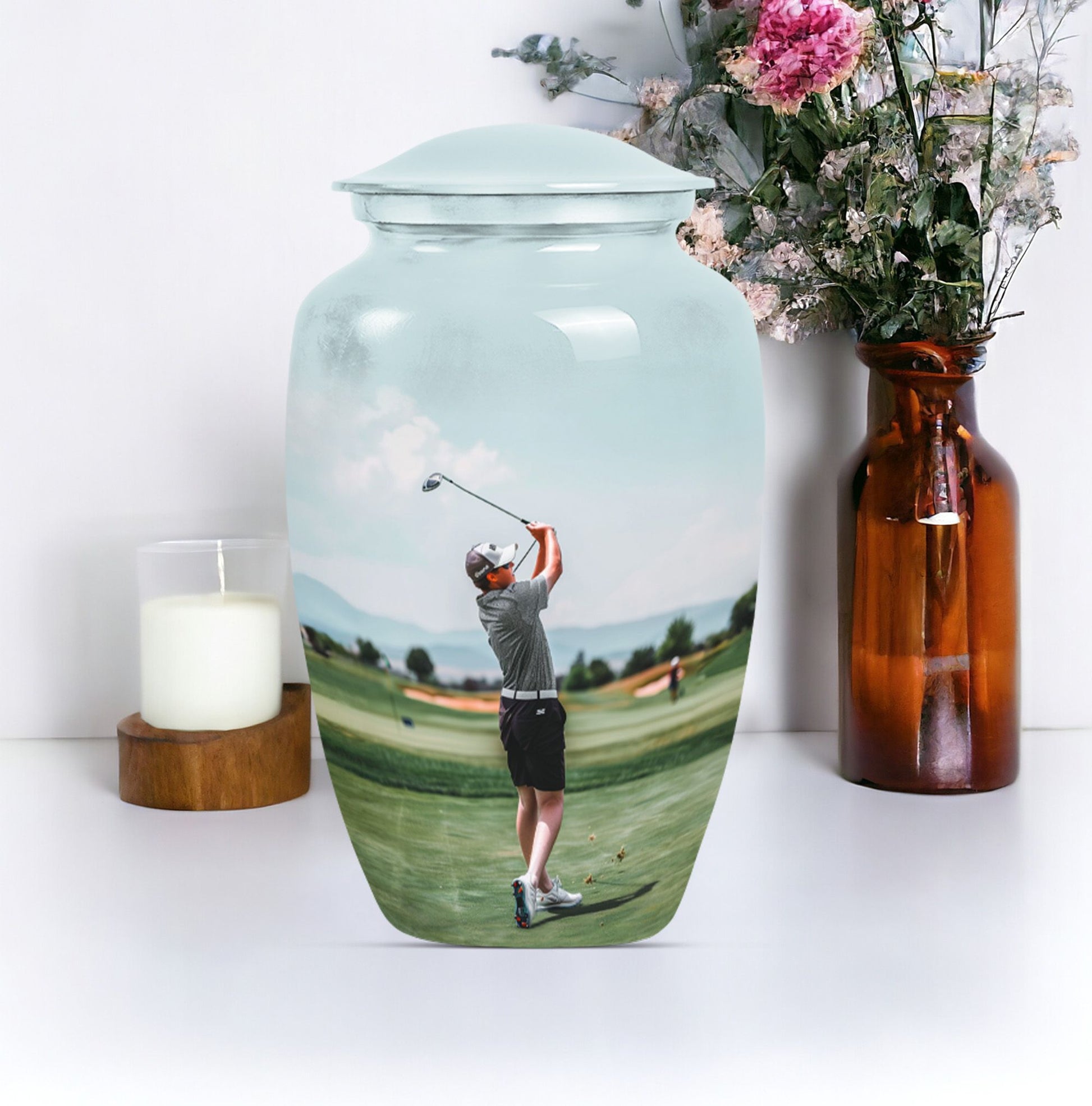 classic golf urn, large aluminium urn for ashes.