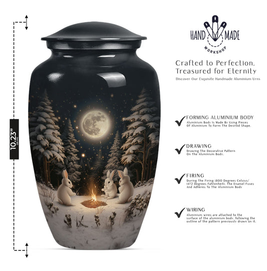 white bunny moon Urn, classic aluminium cremation urn.