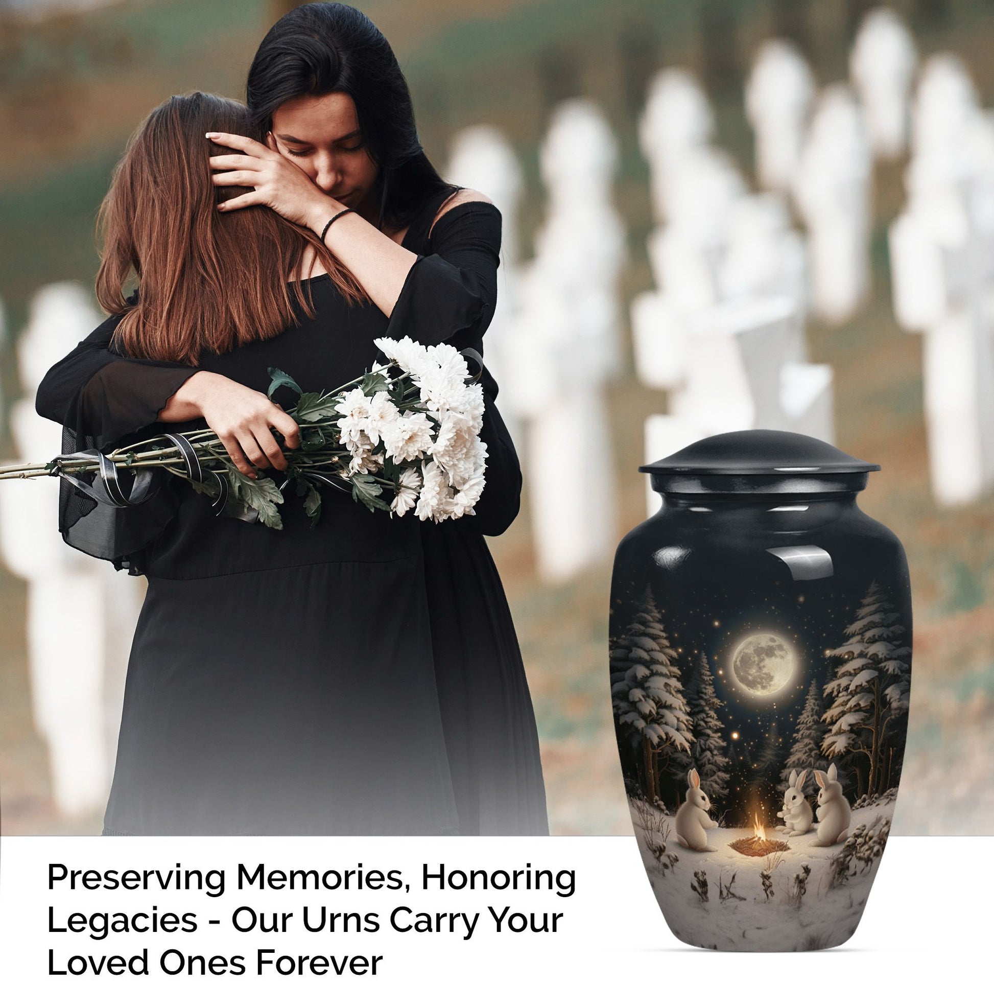 white bunny moon Urn, classic aluminium cremation urn.