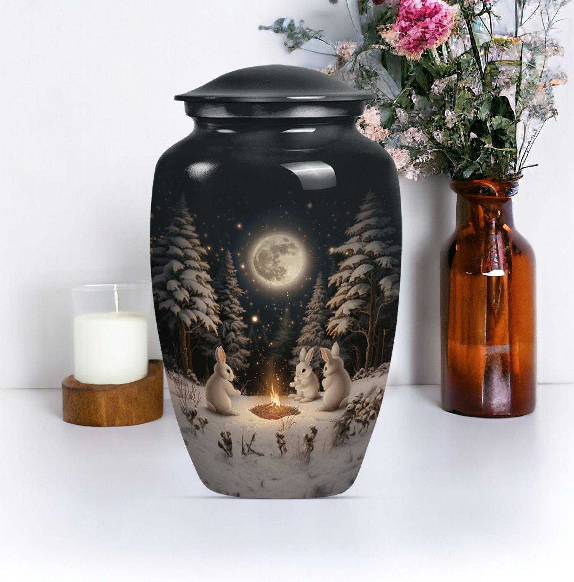 white bunny moon Urn, classic aluminium cremation urn.