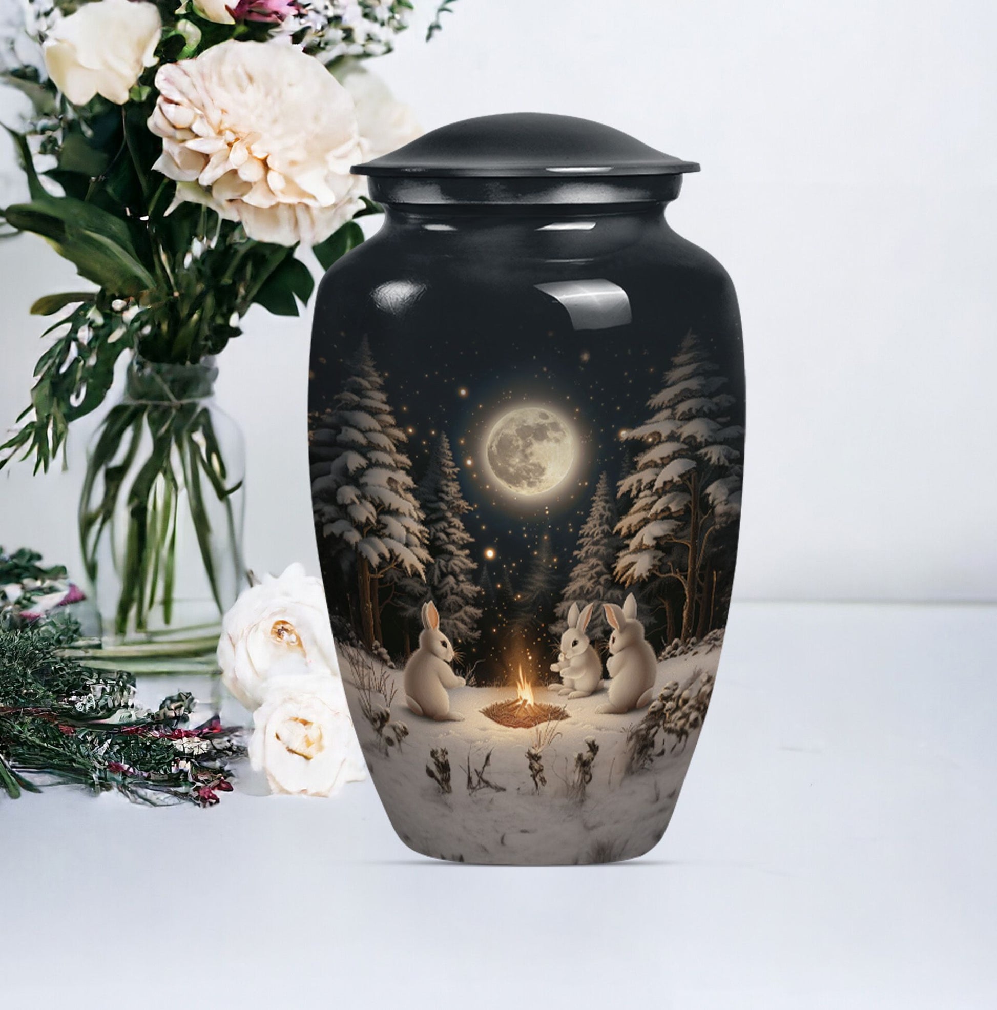 white bunny moon Urn, classic aluminium cremation urn.