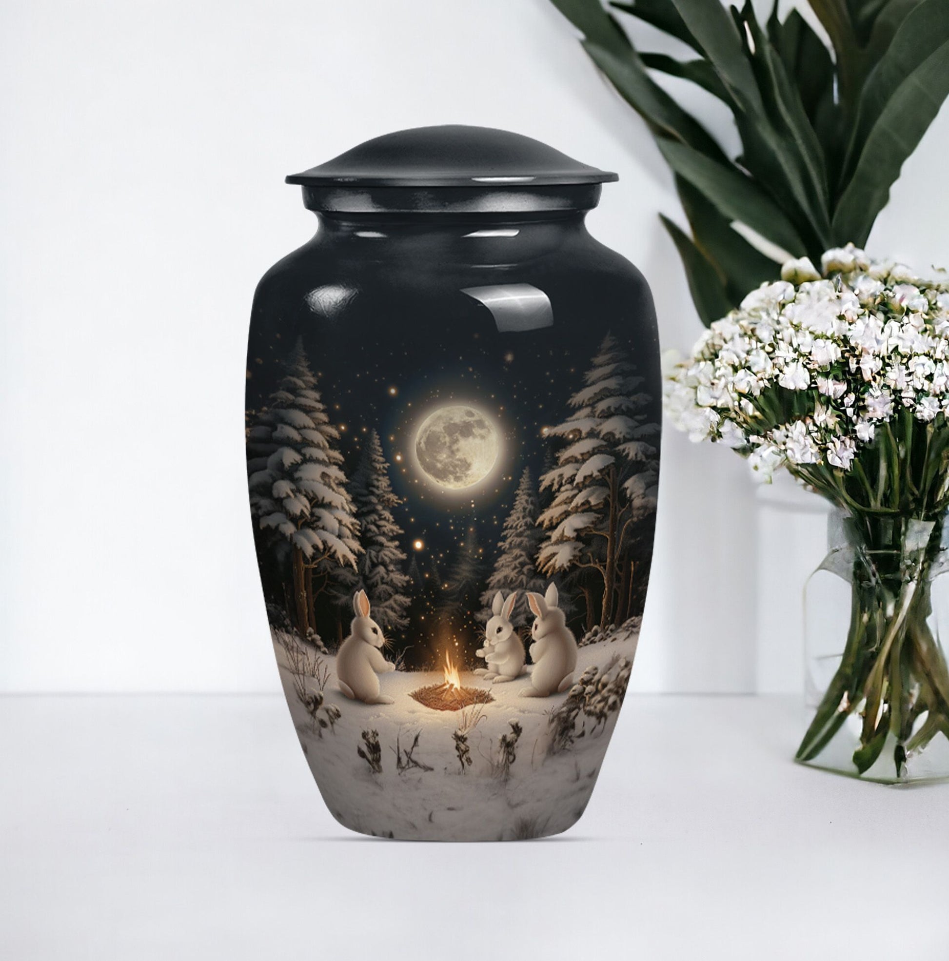 white bunny moon Urn, classic aluminium cremation urn.