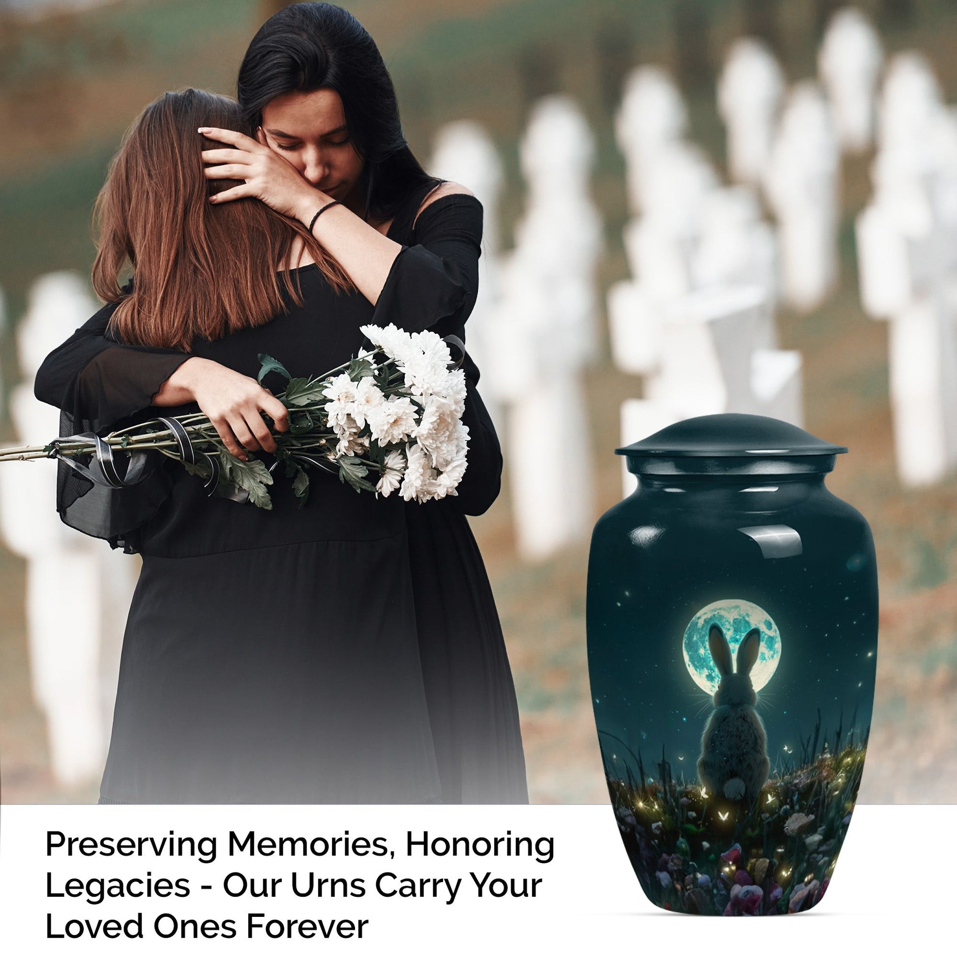 white bunny moon Urn, adult funeral ashes.