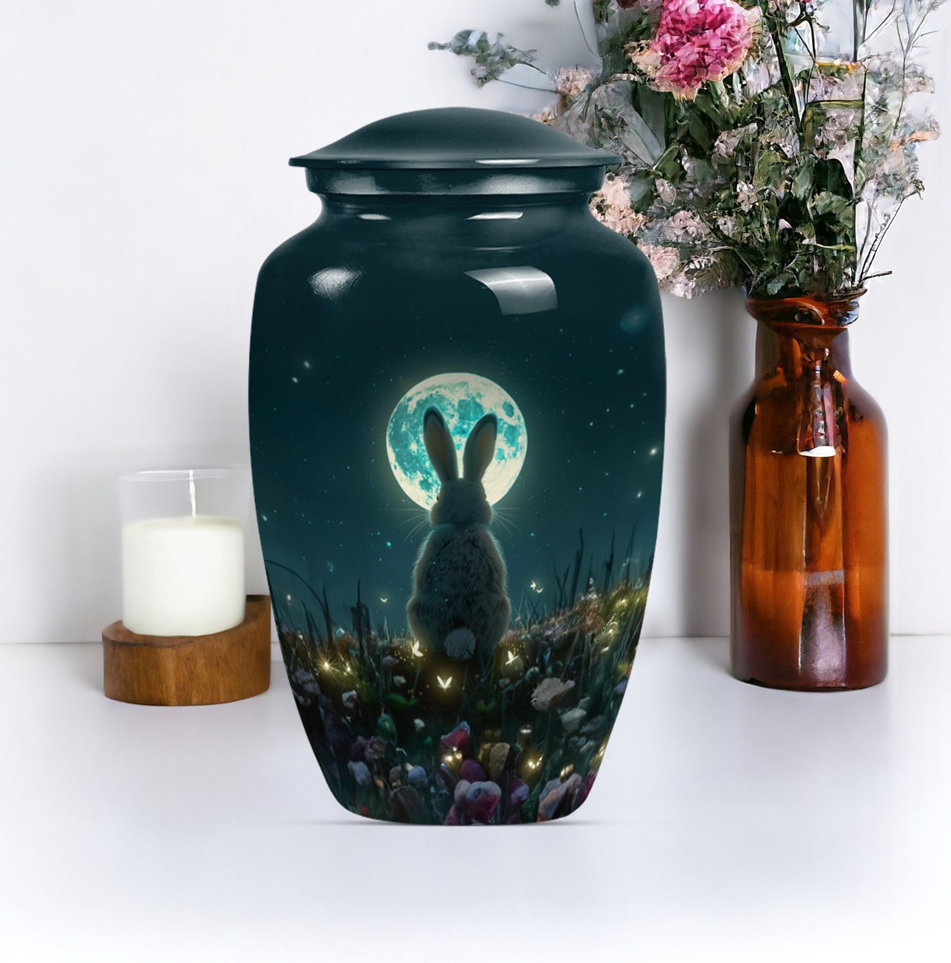 white bunny moon Urn, adult funeral ashes.