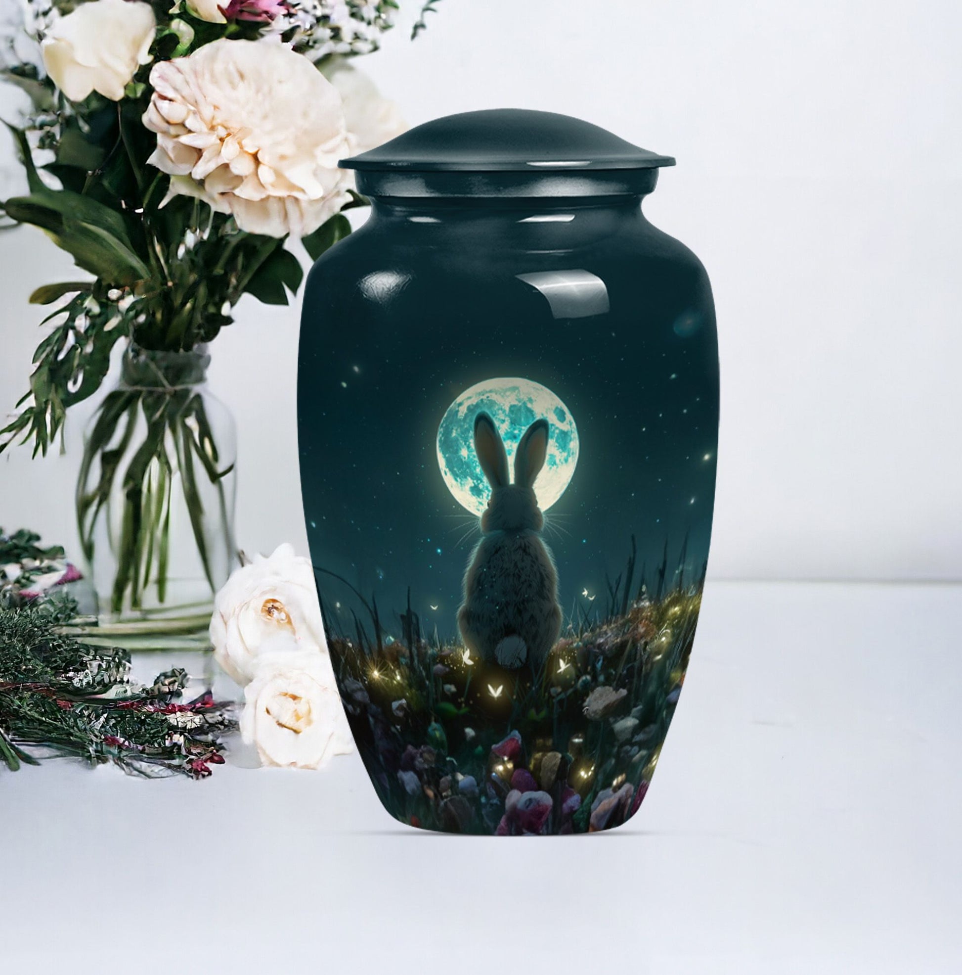 white bunny moon Urn, adult funeral ashes.