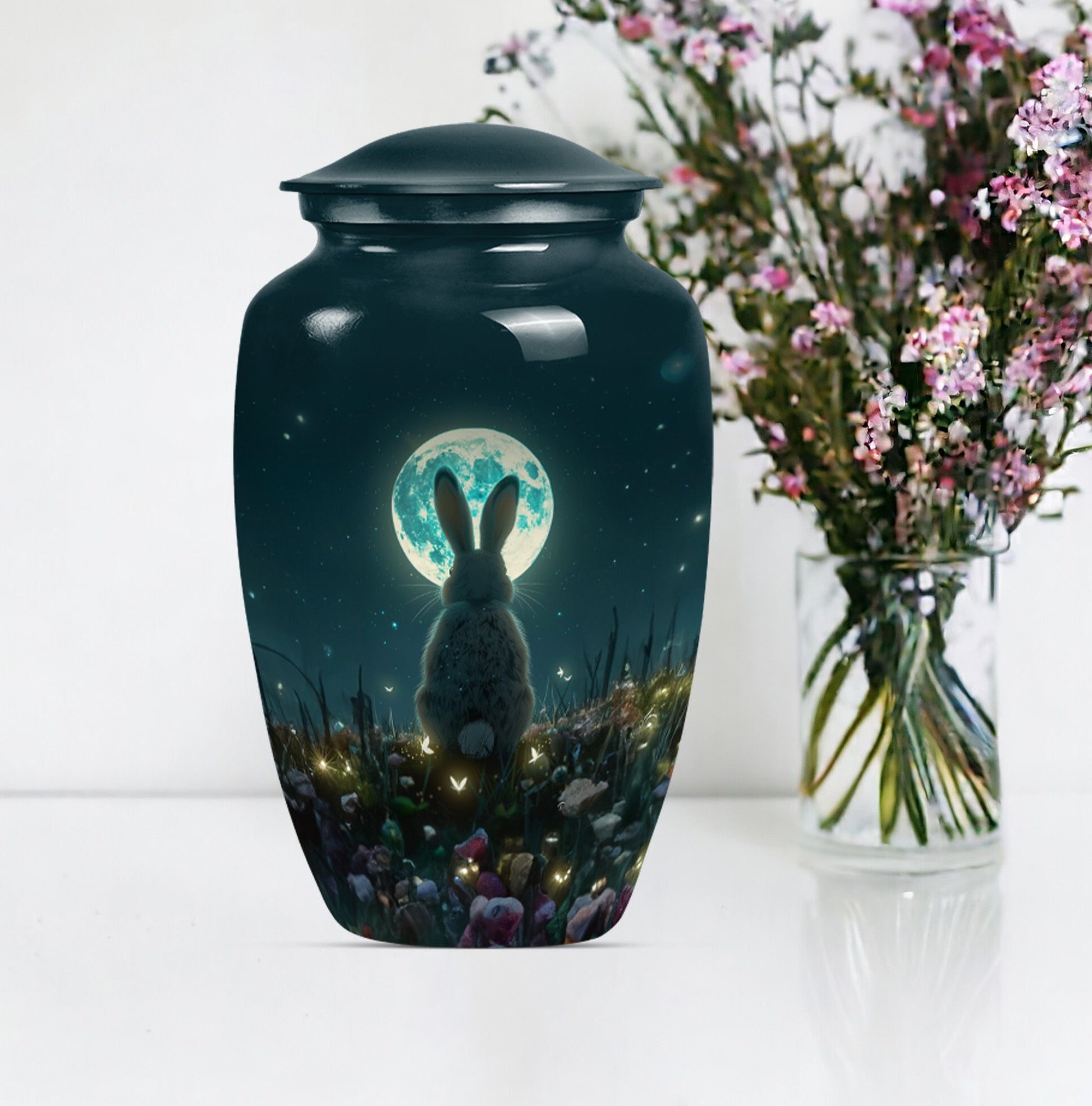 white bunny moon Urn, adult funeral ashes.