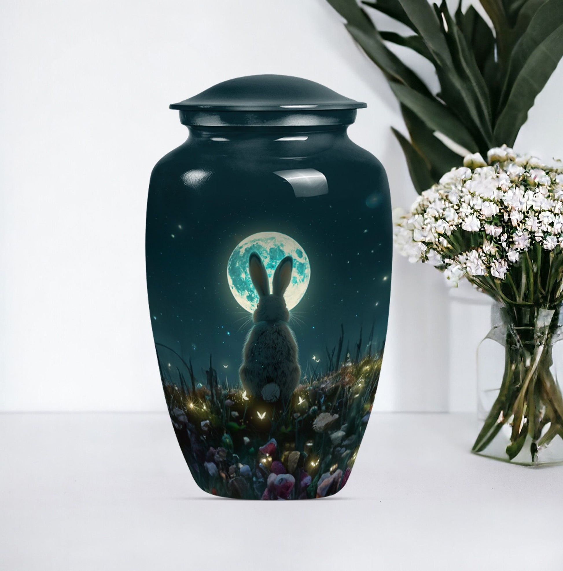 white bunny moon Urn, adult funeral ashes.