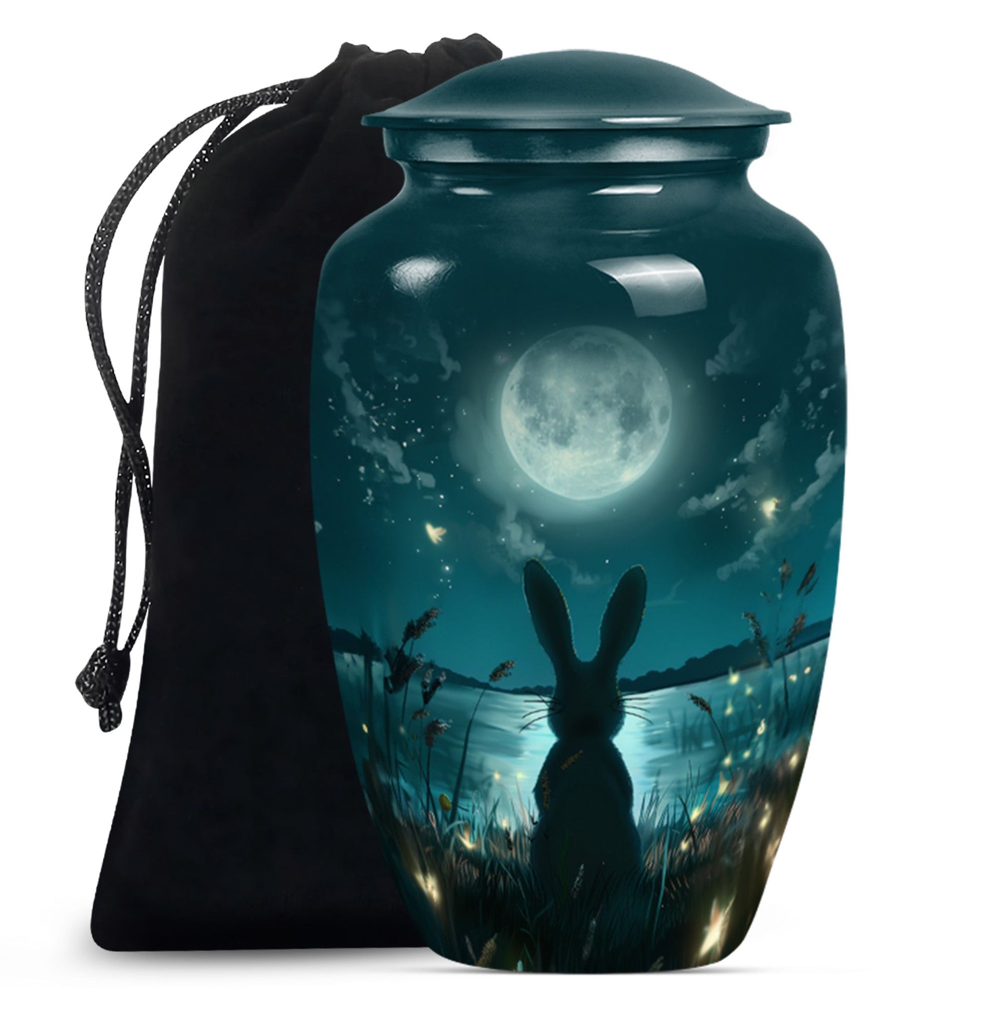 Classic urn in white with bunny moon design, ideal for adult female burial.