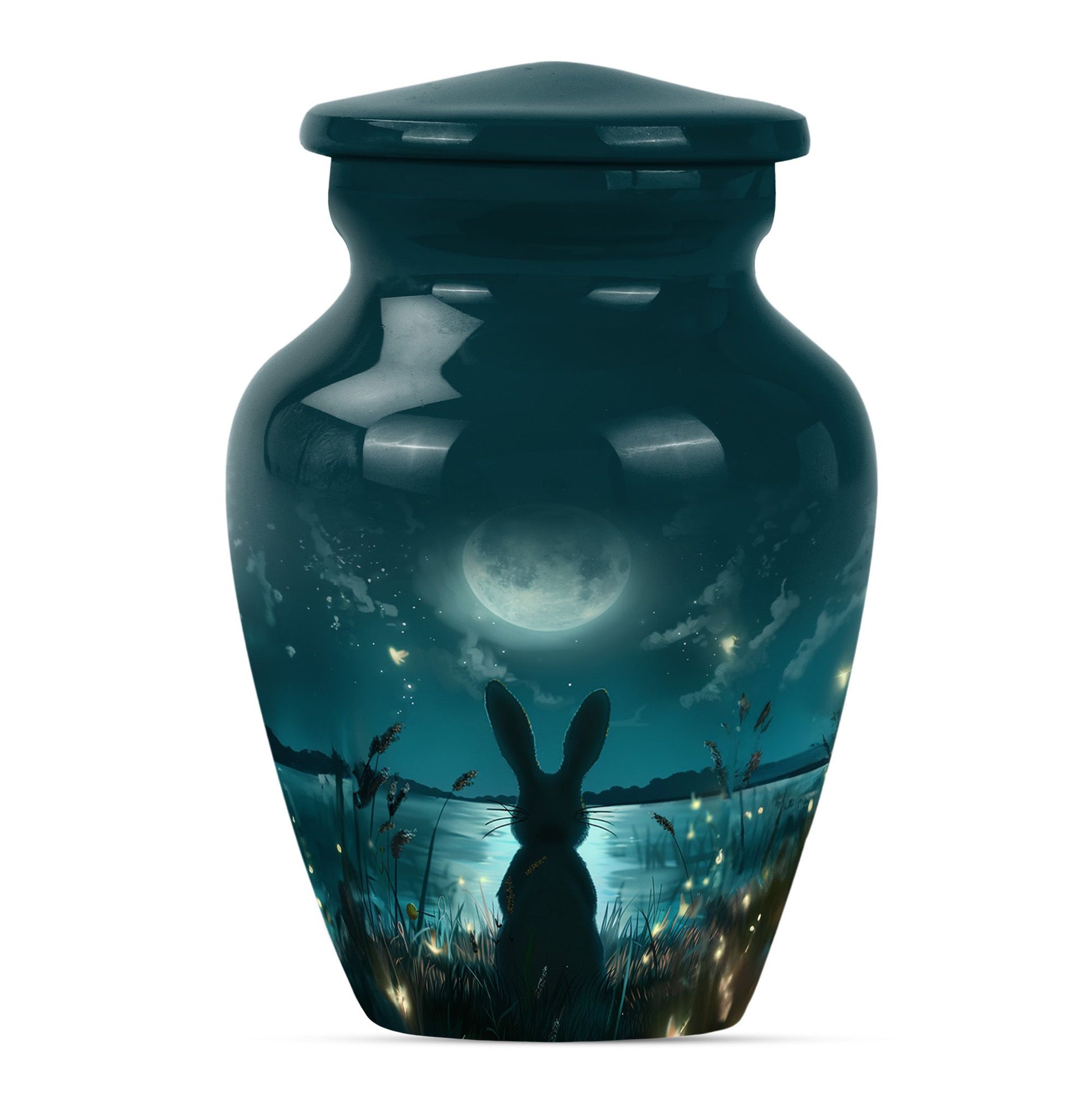 Classic urn in white with bunny moon design, ideal for adult female burial.