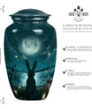 Classic urn in white with bunny moon design, ideal for adult female burial.