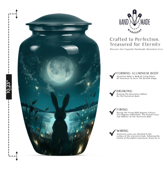 Classic urn in white with bunny moon design, ideal for adult female burial.