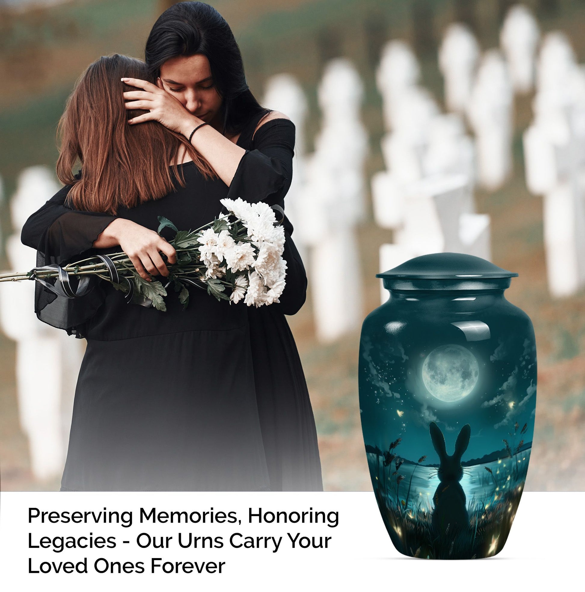 Classic urn in white with bunny moon design, ideal for adult female burial.