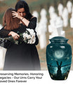 Classic urn in white with bunny moon design, ideal for adult female burial.