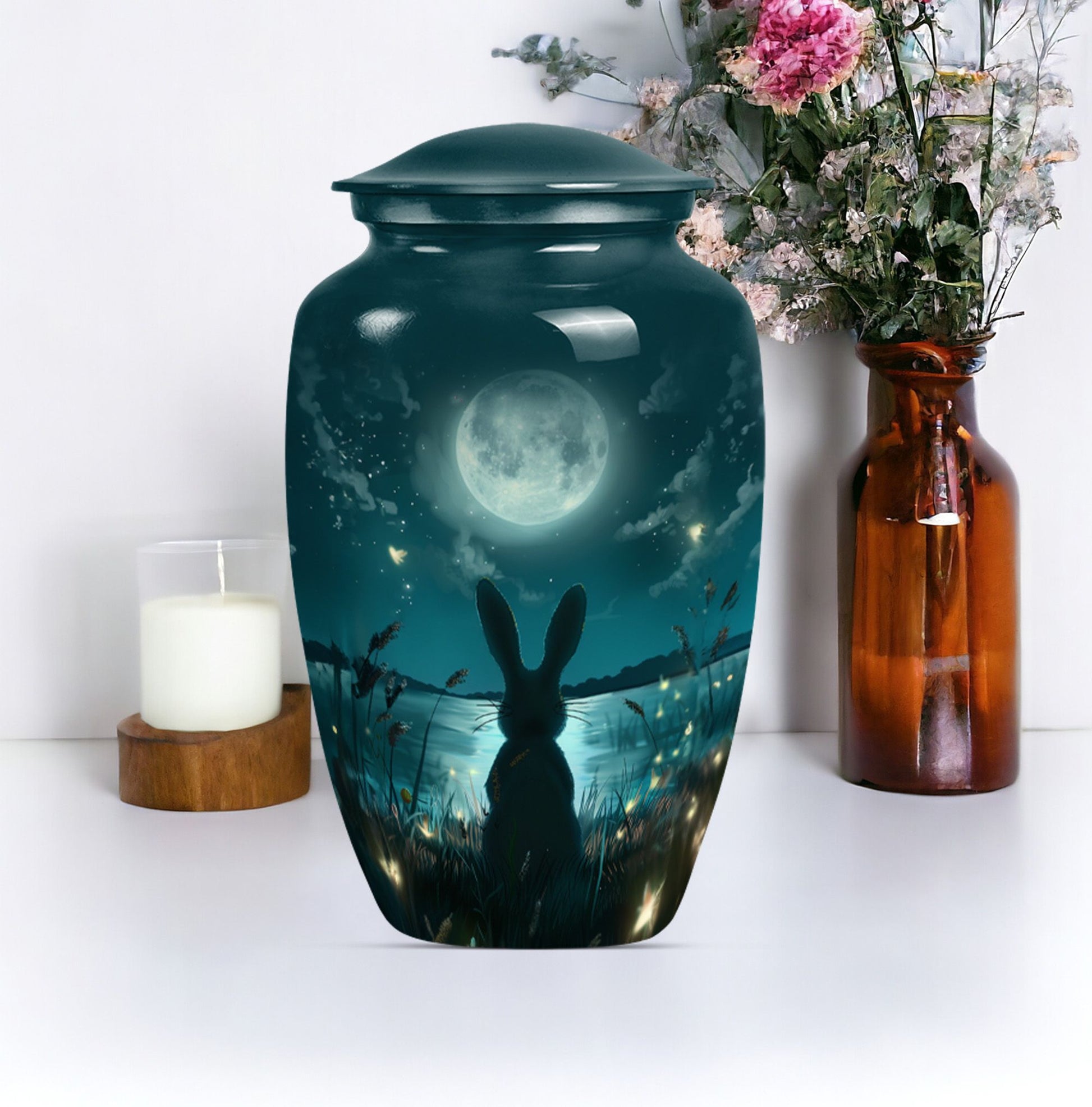 Classic urn in white with bunny moon design, ideal for adult female burial.