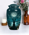 Classic urn in white with bunny moon design, ideal for adult female burial.