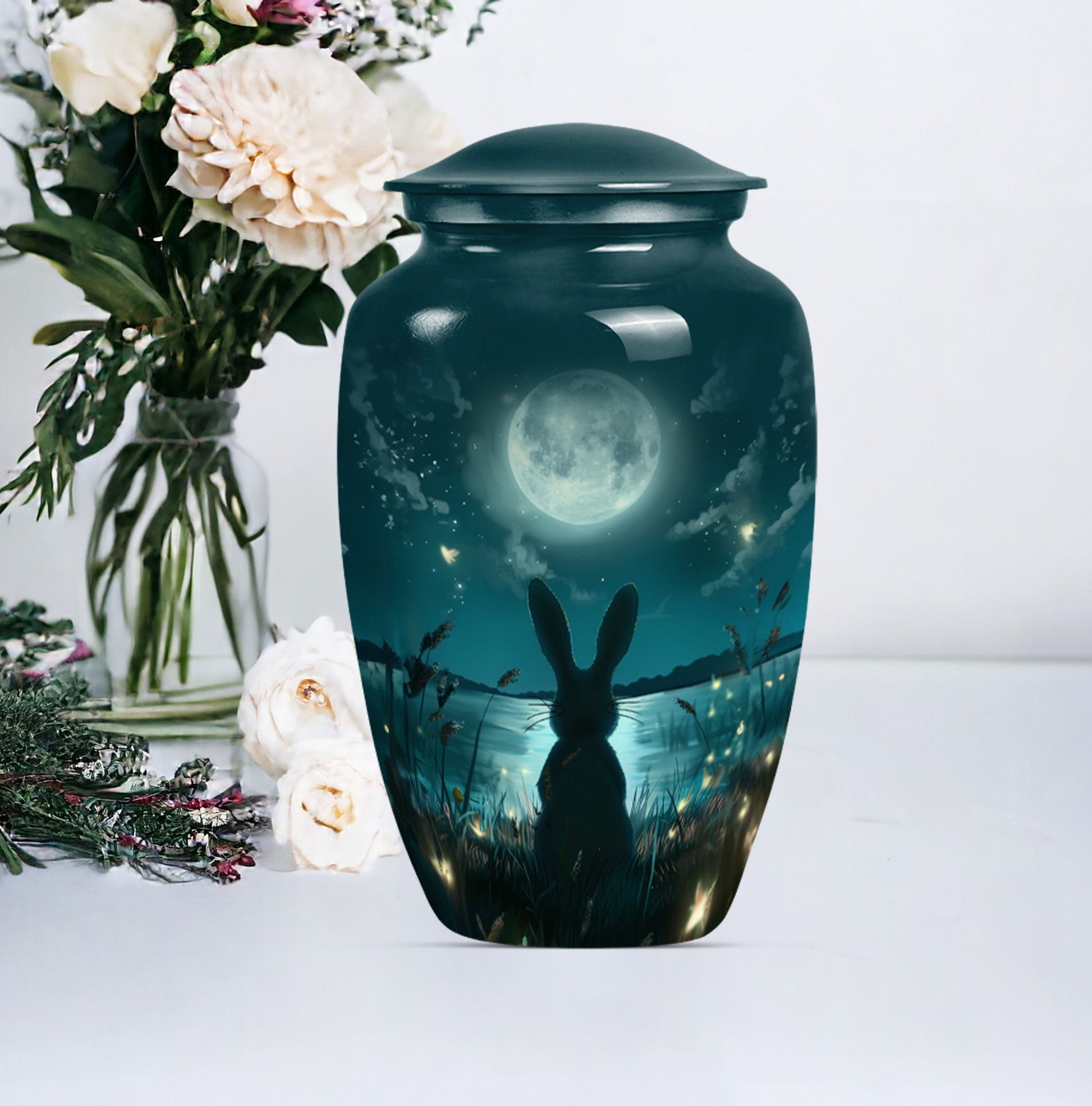 Classic urn in white with bunny moon design, ideal for adult female burial.