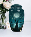 Classic urn in white with bunny moon design, ideal for adult female burial.