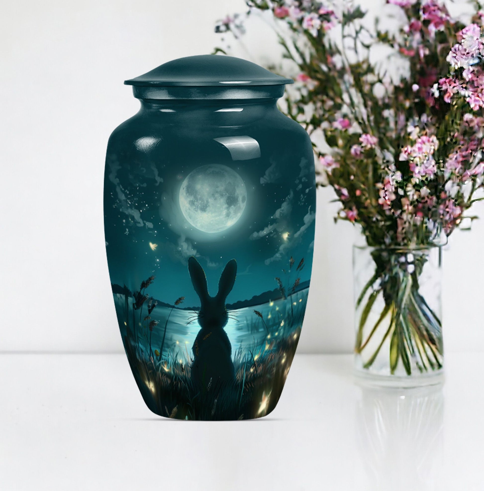 Classic urn in white with bunny moon design, ideal for adult female burial.