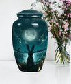 Classic urn in white with bunny moon design, ideal for adult female burial.