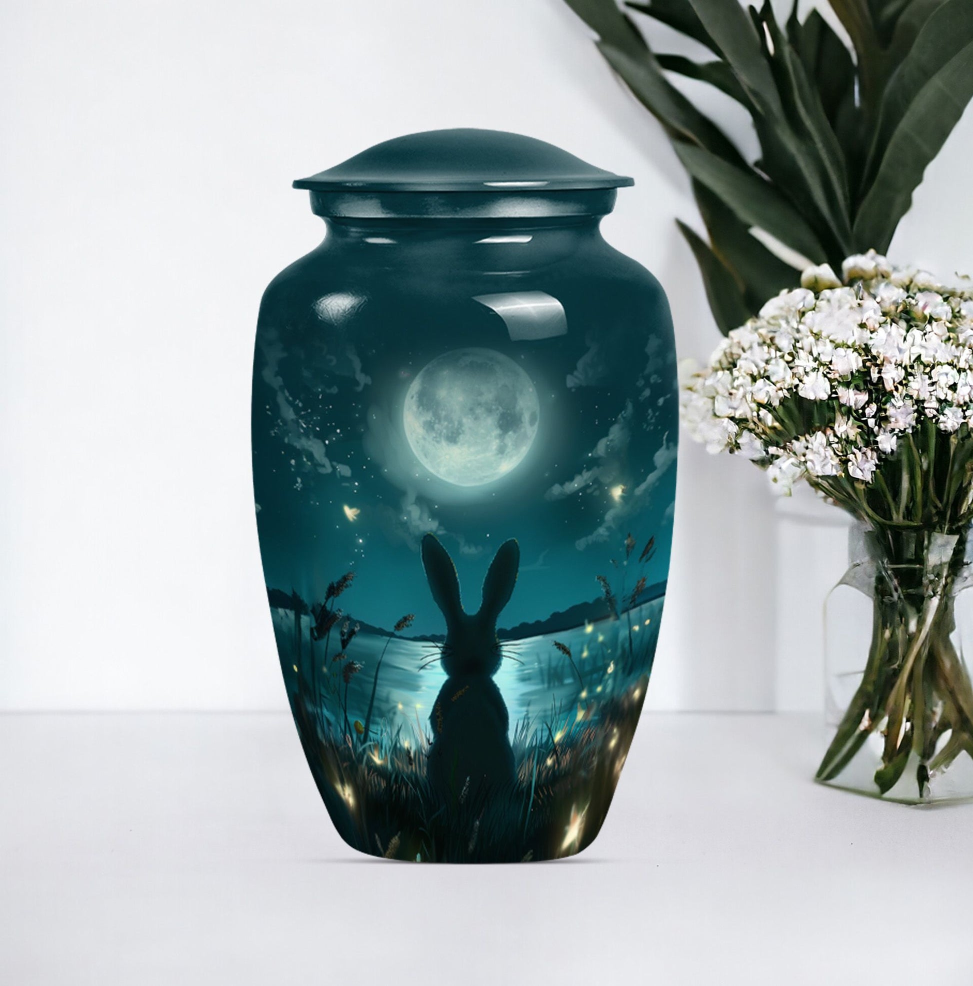 Classic urn in white with bunny moon design, ideal for adult female burial.