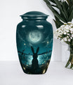 Classic urn in white with bunny moon design, ideal for adult female burial.