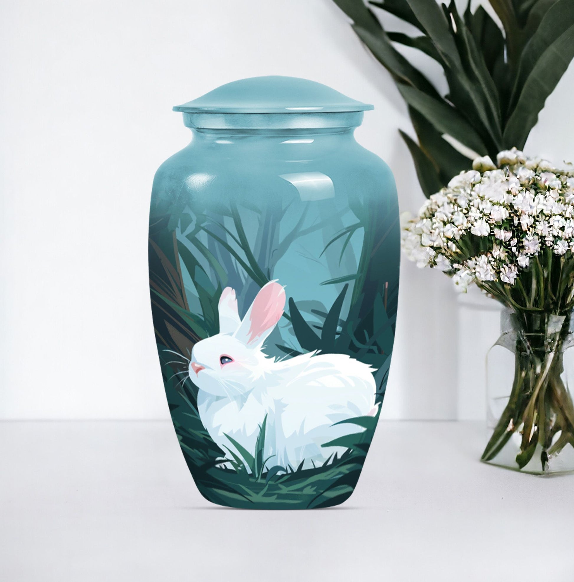 white bunny moon Funeral urn.