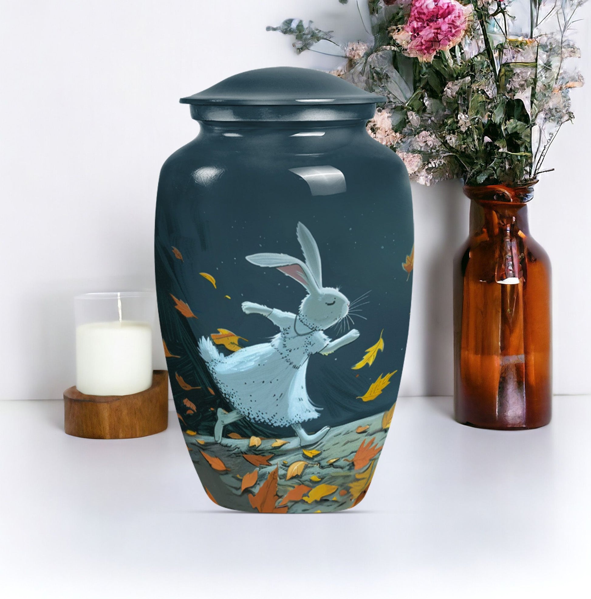 white bunny moon aluminium cremation urn.