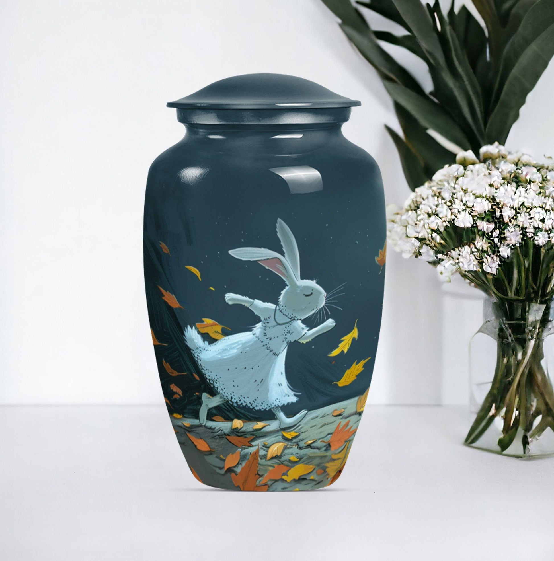 white bunny moon aluminium cremation urn.