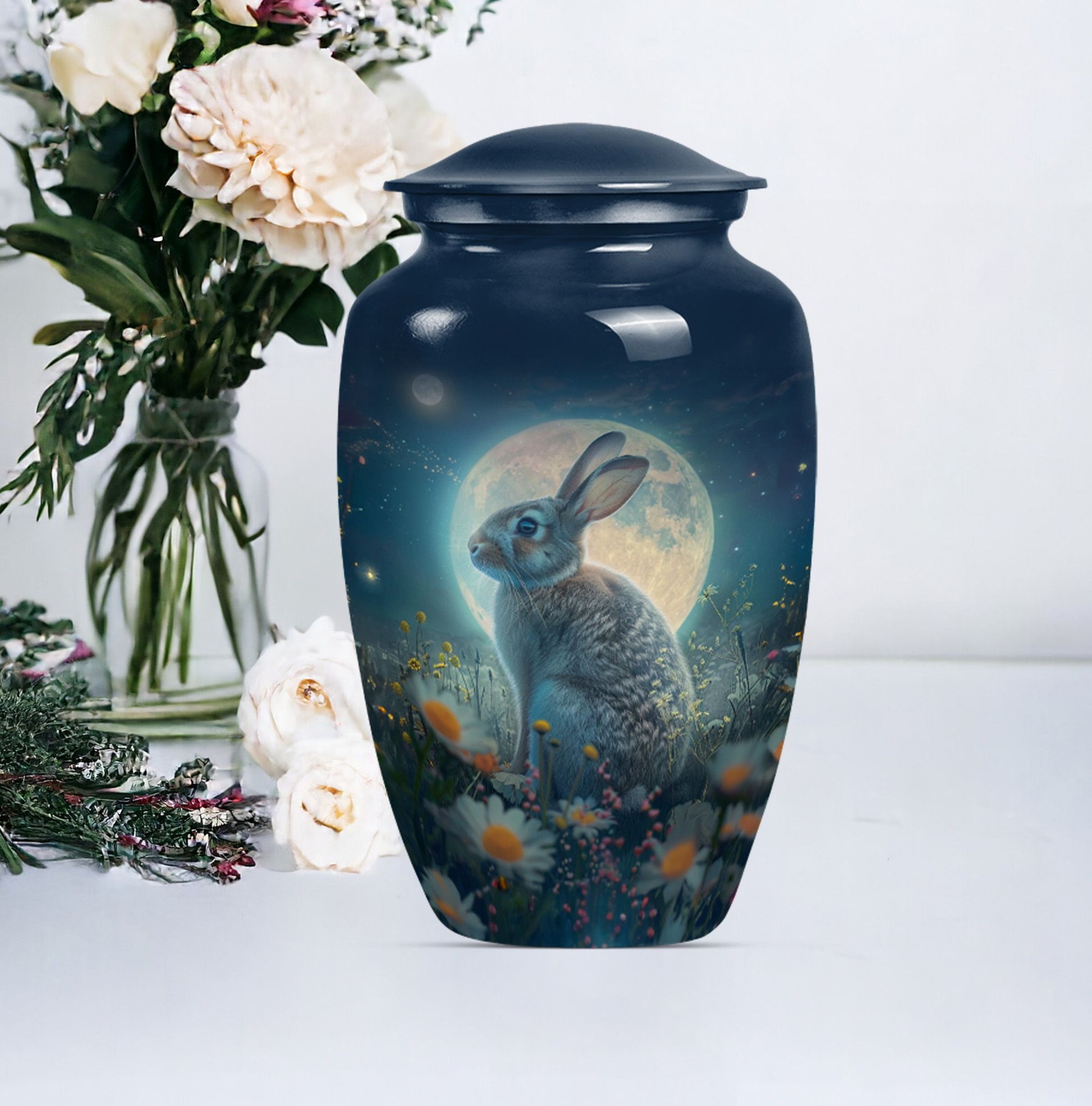  white bunny moon urn crafted from aluminium for men's ashes