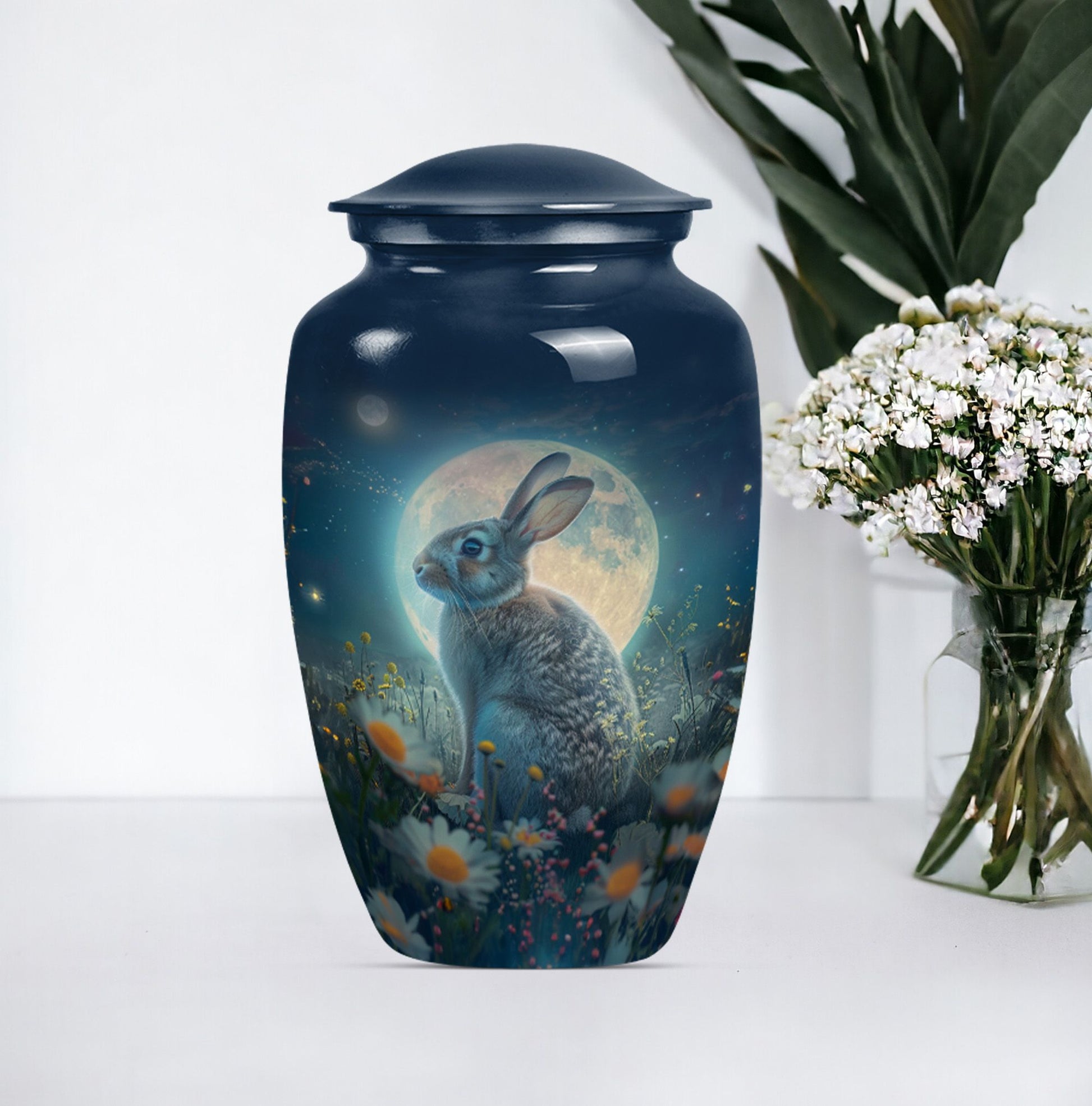  white bunny moon urn crafted from aluminium for men's ashes