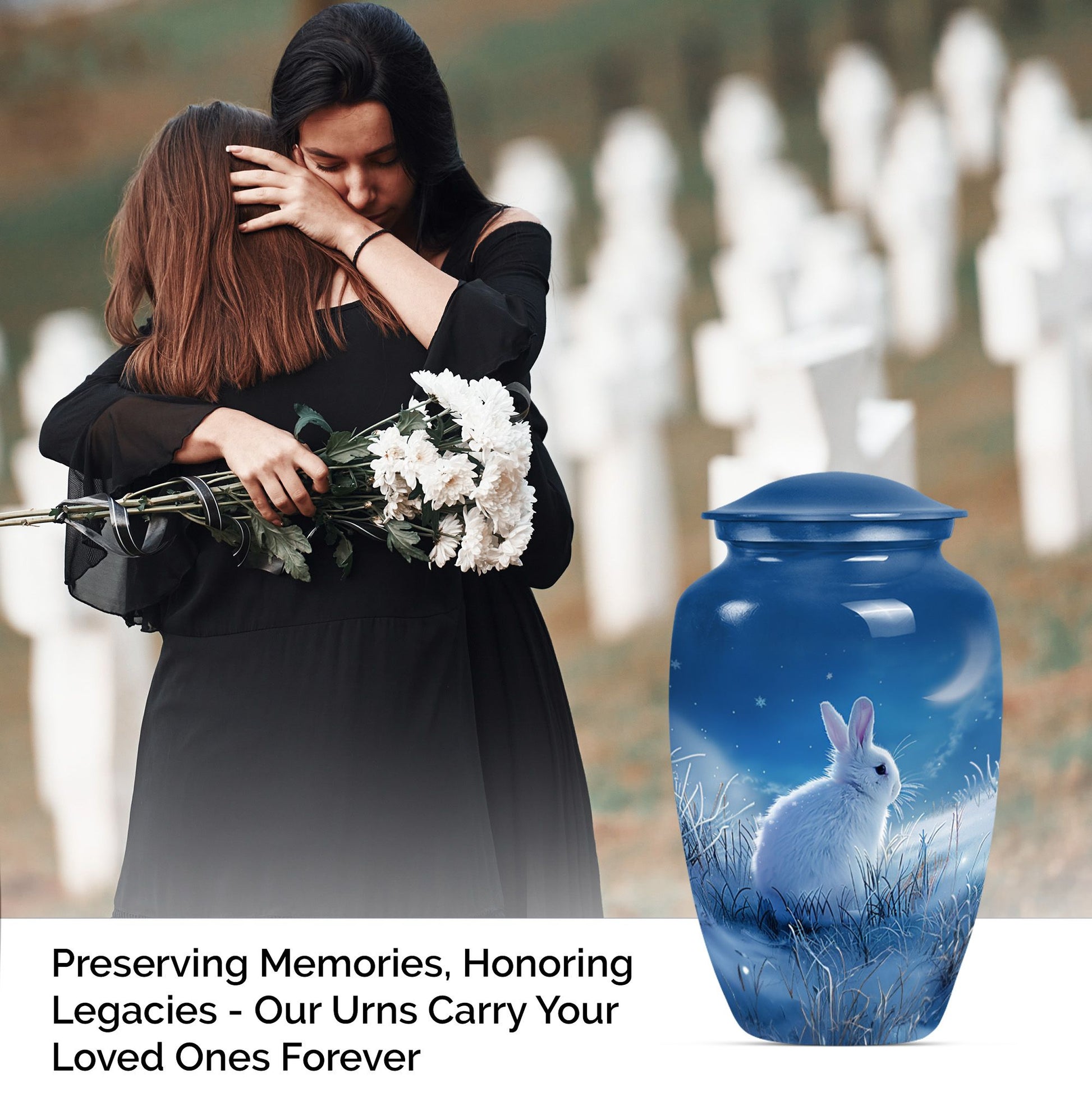 white bunny moon memorial forever urn, a classic cremation urn.