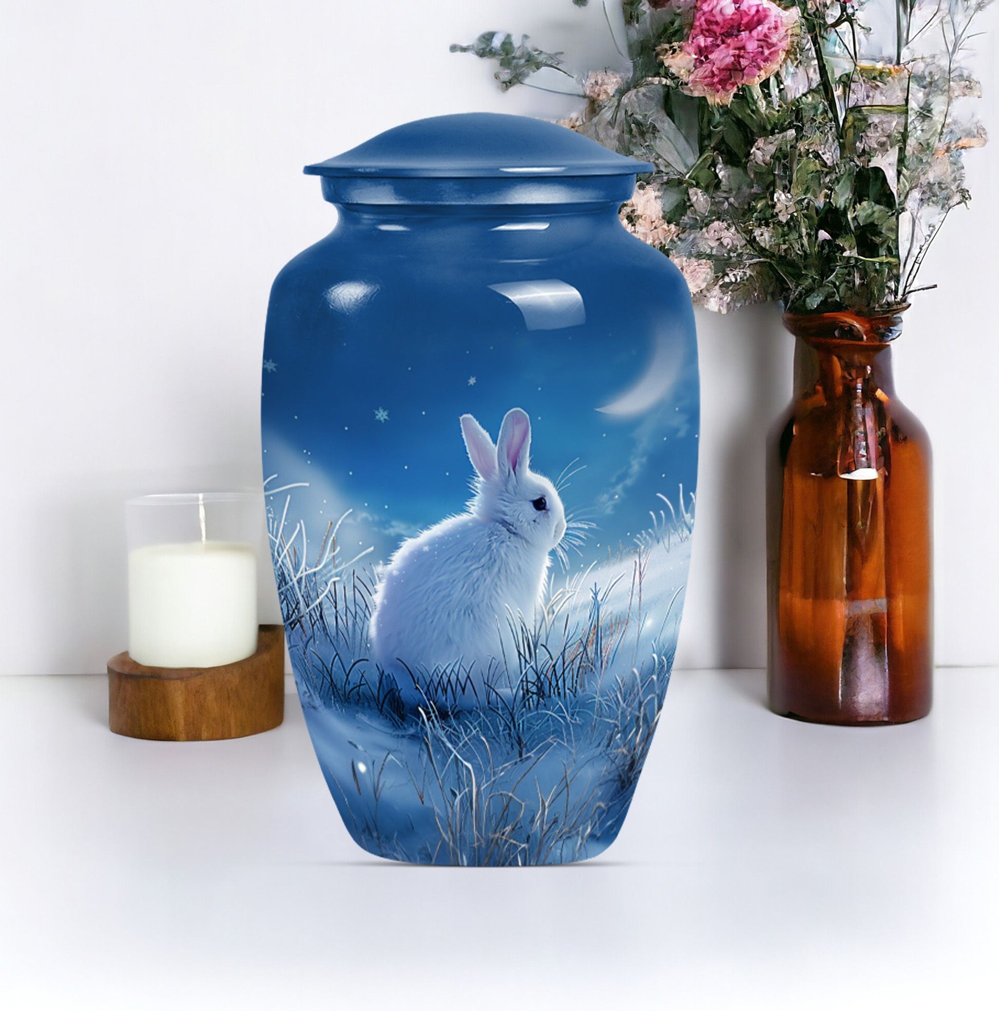 white bunny moon memorial forever urn, a classic cremation urn.