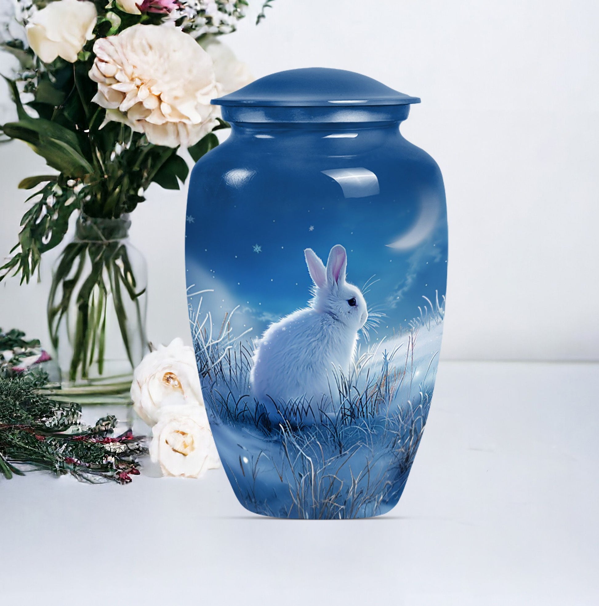 white bunny moon memorial forever urn, a classic cremation urn.